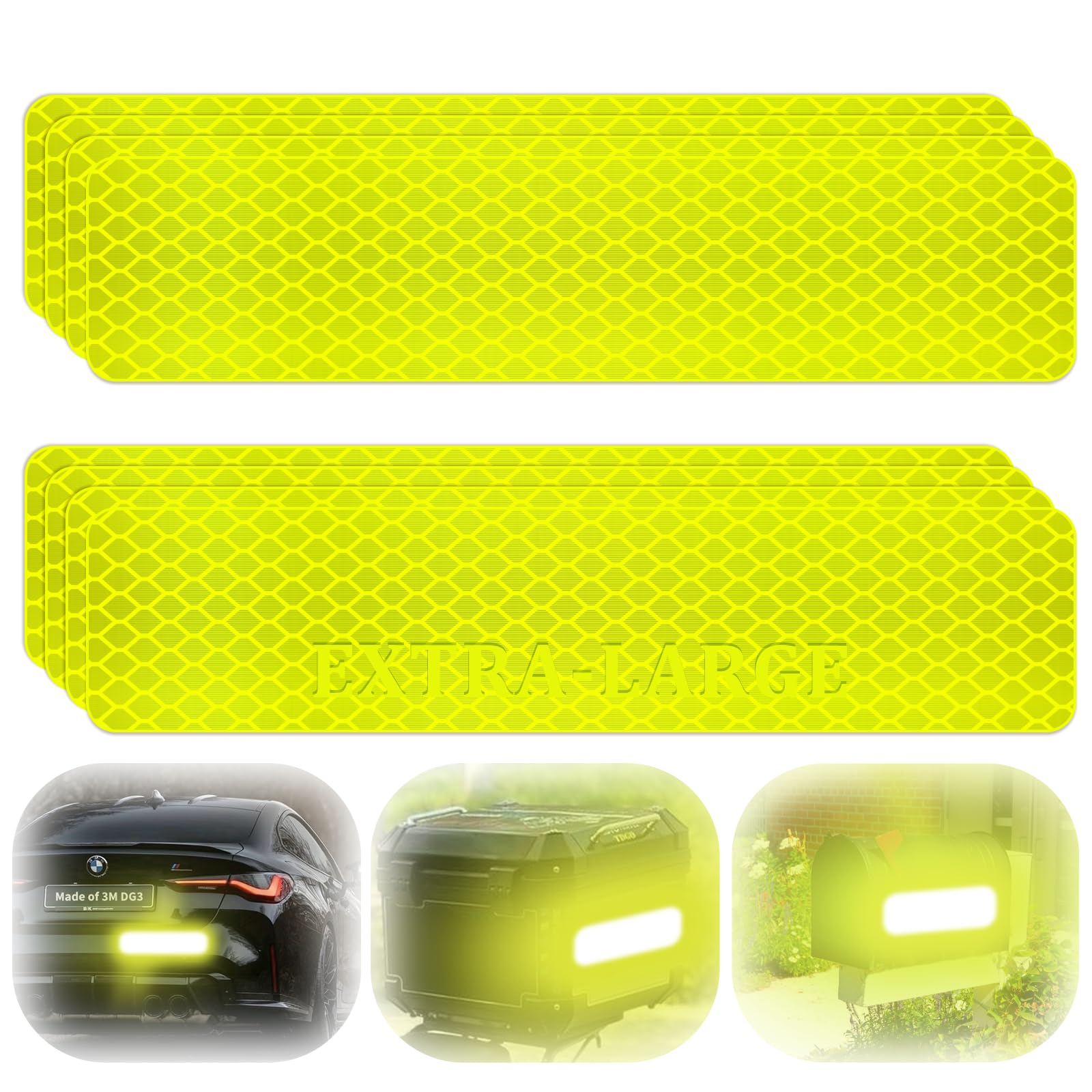 PHIXBEAR Extra Large Reflective Tape Made of 3M DG3, High Visibility Yellow-Green Reflective Stickers for Car, Bike, Helmet, Mailbox - Enhanced Night Safety & Wide Coverage 2" x 6" 8 PCS