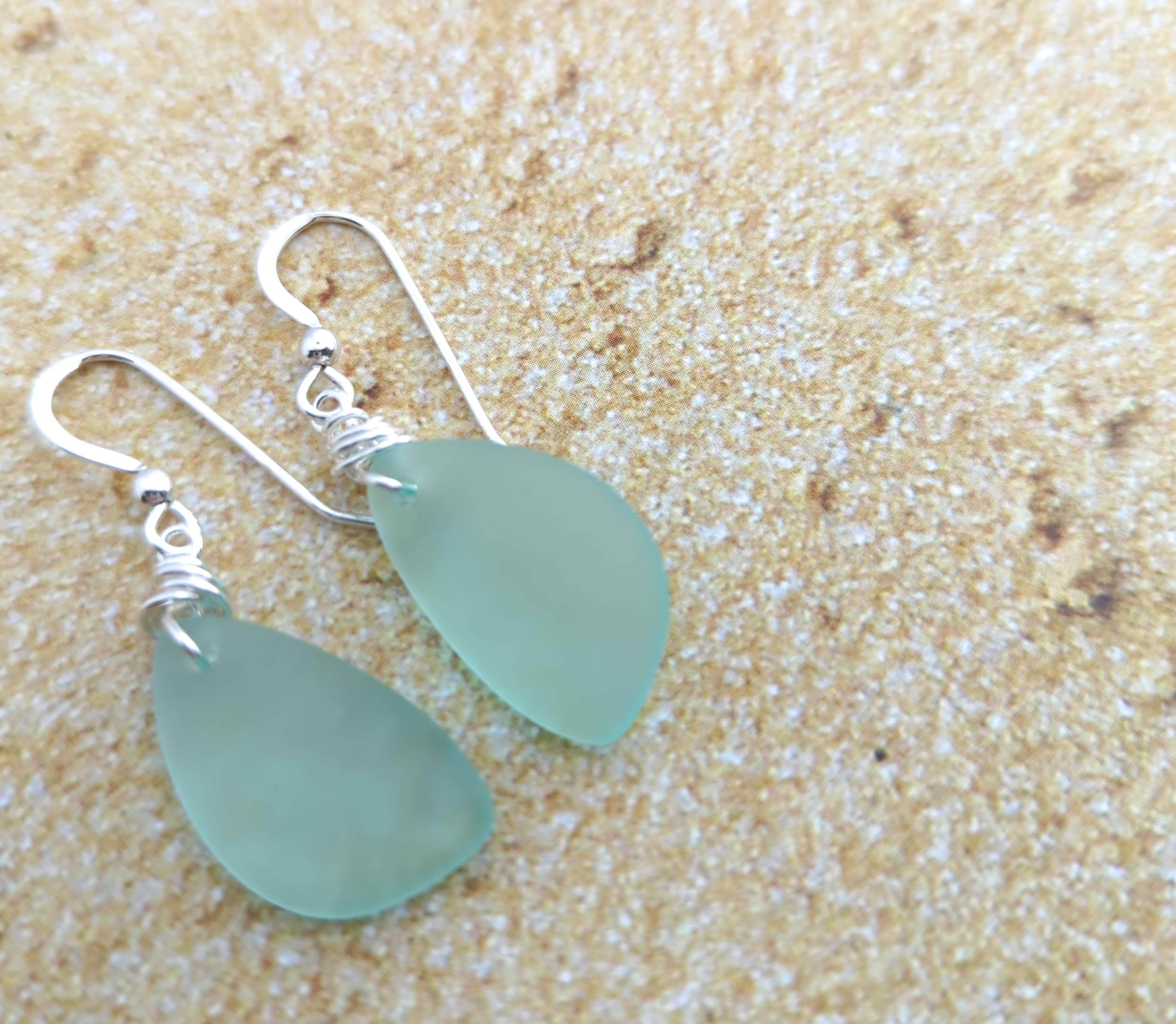 Popular Sea Foam Green Sea Glass Earrings with Charming Handmade Silver Knot on Sterling Silver Hooks, Perfect Gift, by Aimee Tresor Jewelry