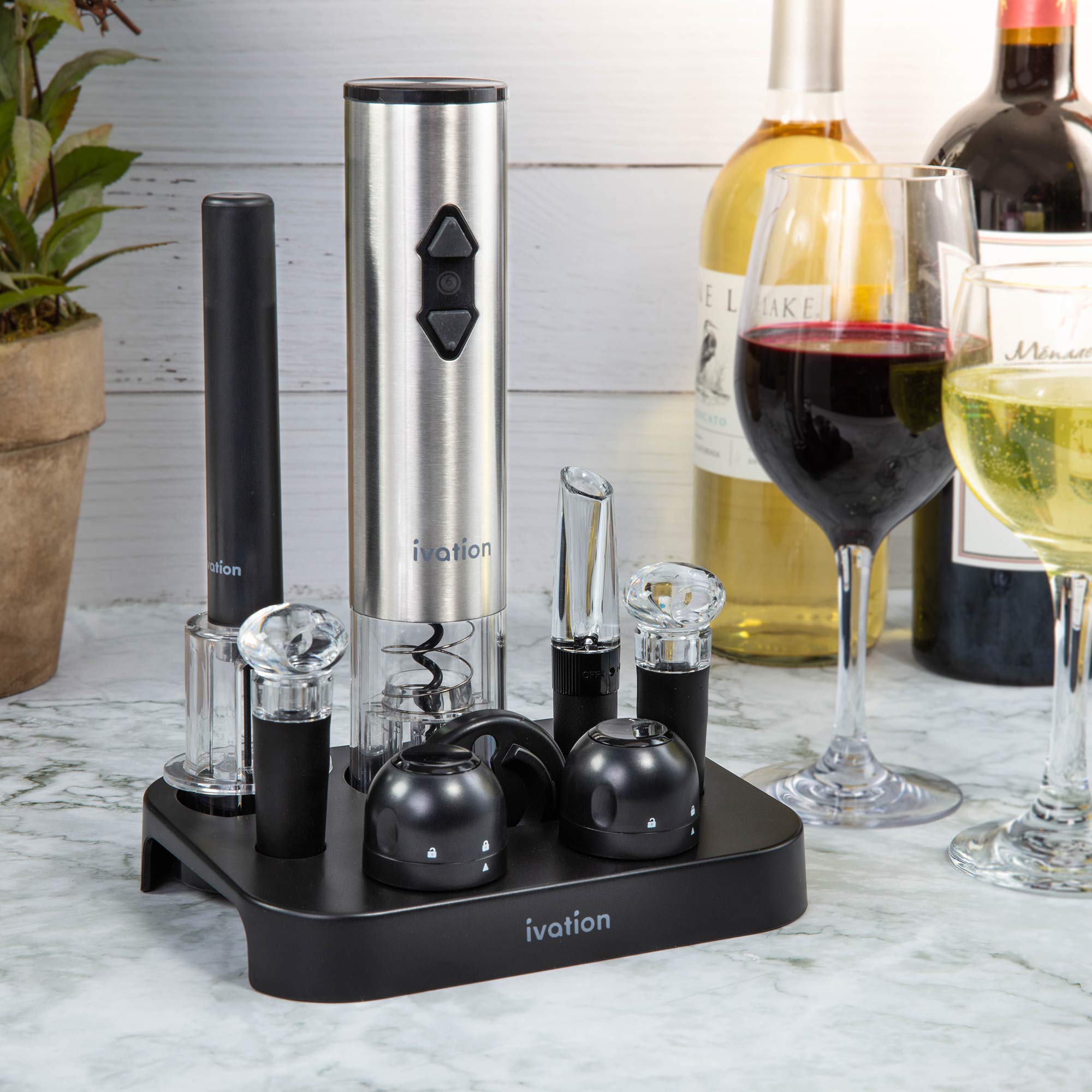 Ivation 9-Piece Wine Opener Gift Set | Deluxe Bar Kit with Electric Battery-Operated Bottle Opener, Air Pump Cork Extractor, Aerator Pourer, Wine Stoppers, Champagne Stoppers, Foil Cutter & Stand