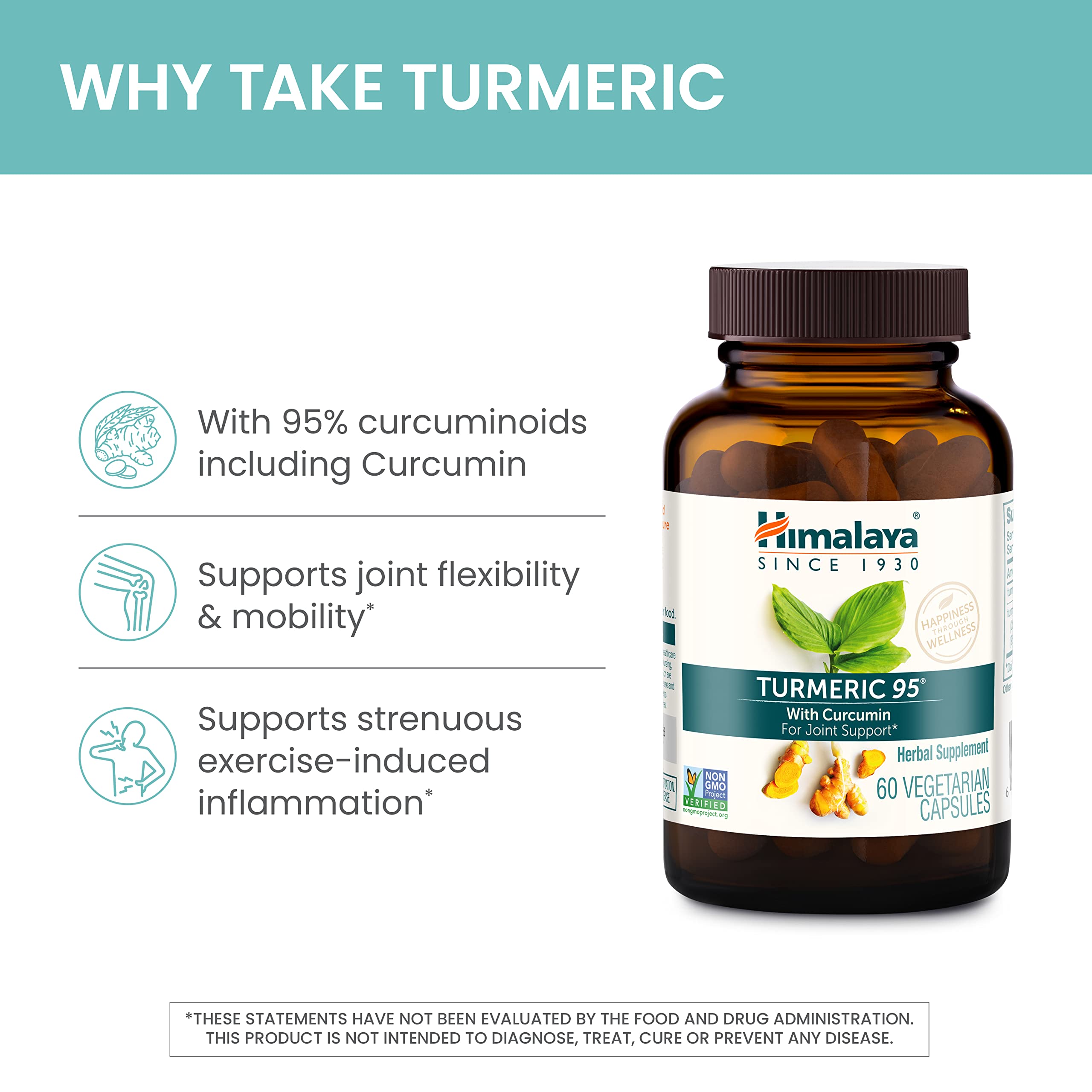 Himalaya Turmeric 95 Supplement with Curcumin/Curcuminoids, Joint and Muscle Support, Optimum Flexibility and Mobility, 600 mg, Non-GMO, Vegan, Gluten Free, 60 Capsules, 60 Day Supply