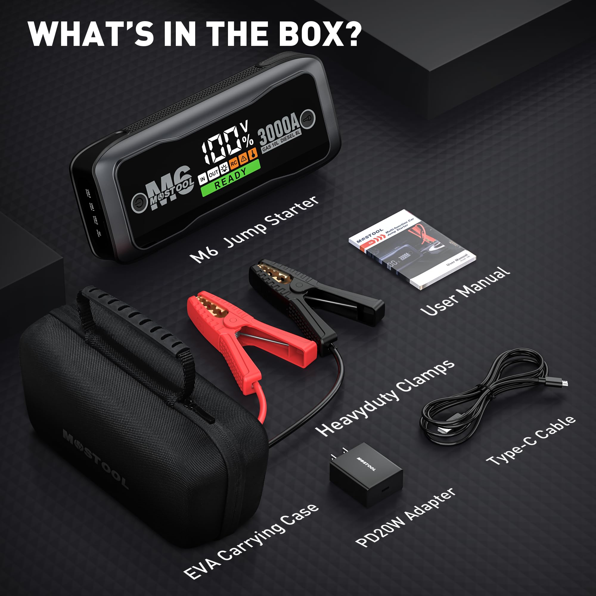 MOSTOOL M6 3000A Peak Car Battery Jump Starter Battery Pack, Portable Jumper Box, Battery Booster Start, 12V Car Battery Charger and Jumper Cables for 10.0L Gas and 8.0L Diesel Engines