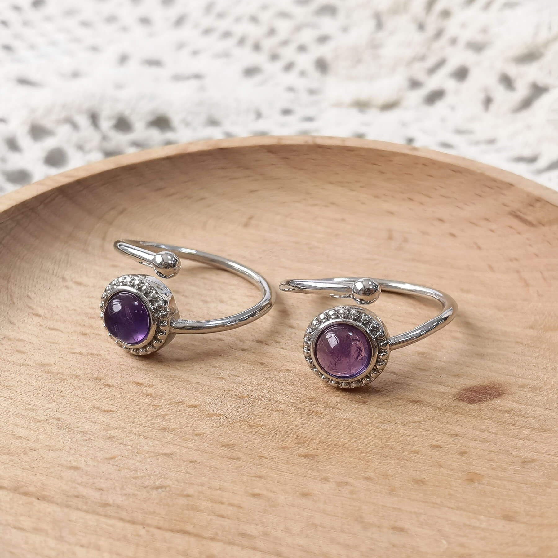 Amethyst Ring, Adjustable Silver Crystal Rings for Women, Vintage Handmade February Birthstone Ring Jewelry Gift (Amethyst)