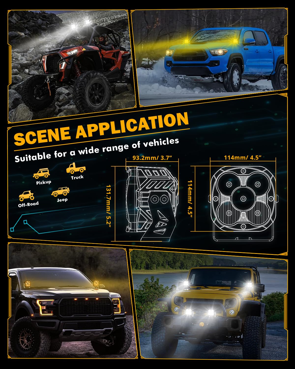 Auxbeam XP Ultra Series LED Pod Light, 4.5 Inch 15200LM Driving Off-Road Cube Ditch Spotlights with Amber DRL, Hyper Spot Flood Combo Beam Auxiliary Work Light with Cover for 4x4 Jeep Ford ATV UTV