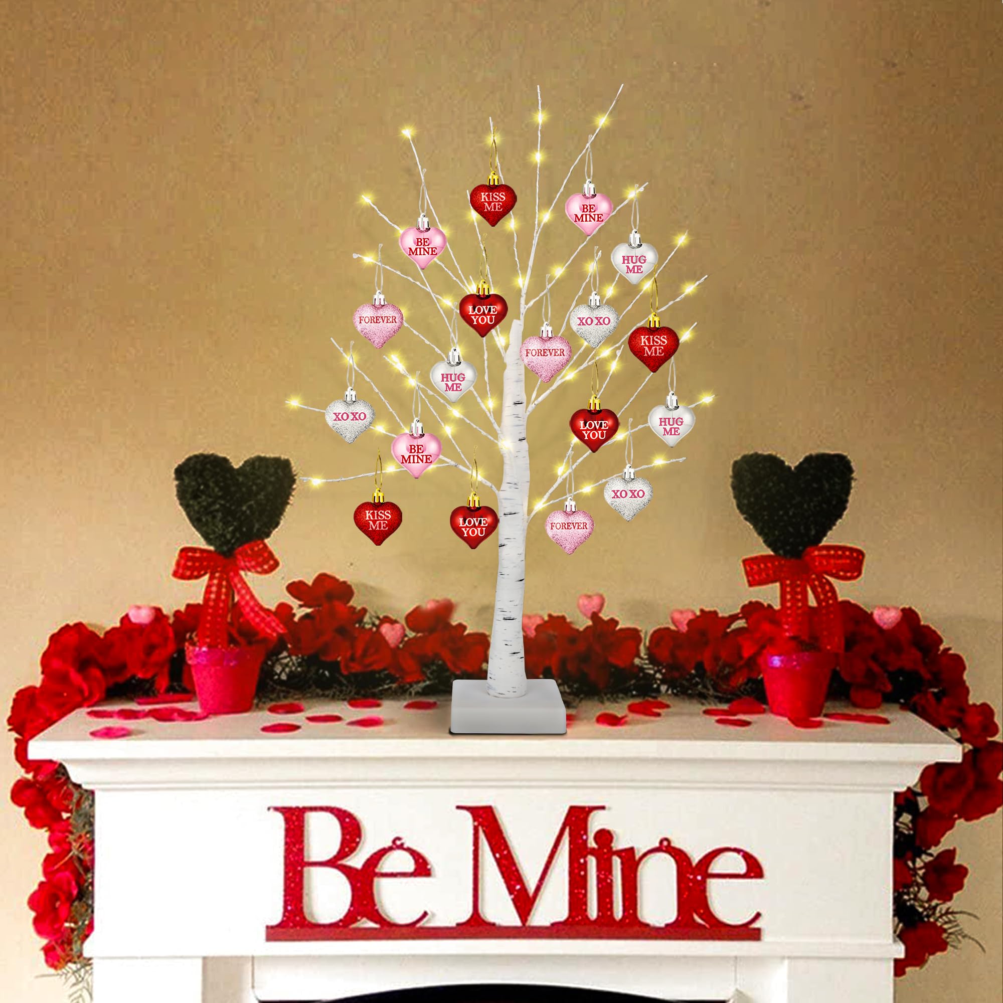 [Timer] Valentines Day Decor 24 Inch Valentines Day Decoration Lighted Tree with 18 Heart Ornaments, USB/Battery Operated Valentines Decor Tree Light, Valentines Day Decorations for Home Table Bedroom