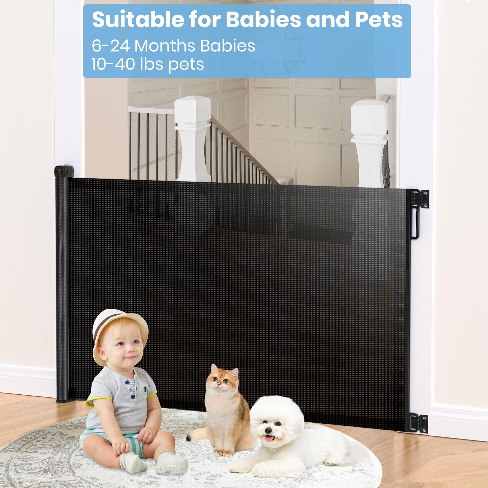 HAMOPY Retractable Baby Gates, 33" Tall, Extends up to 72" Baby Gates Extra Wide, Mesh Gate for Kids or Pets with Alarm, Durable Child Safety Gate for Doorways, Hallways, Stairs, Indoor/Outdoor(Black)
