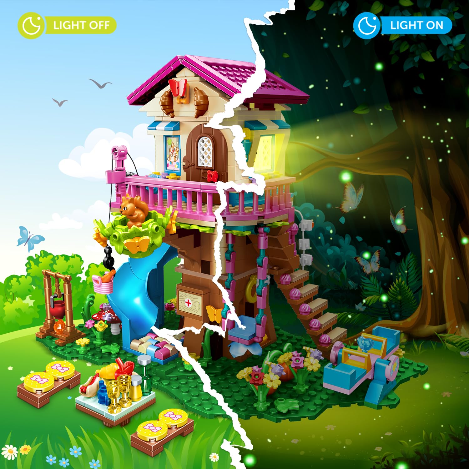 HOGOKIDS Tree House Building Set with LED Light - 622pcs Treehouse Building Blocks Toys, Forest Up House Building Kit with Slide, Birthday Gifts for Kids Girls Boys Age 6 7 8 9 10 11 12+