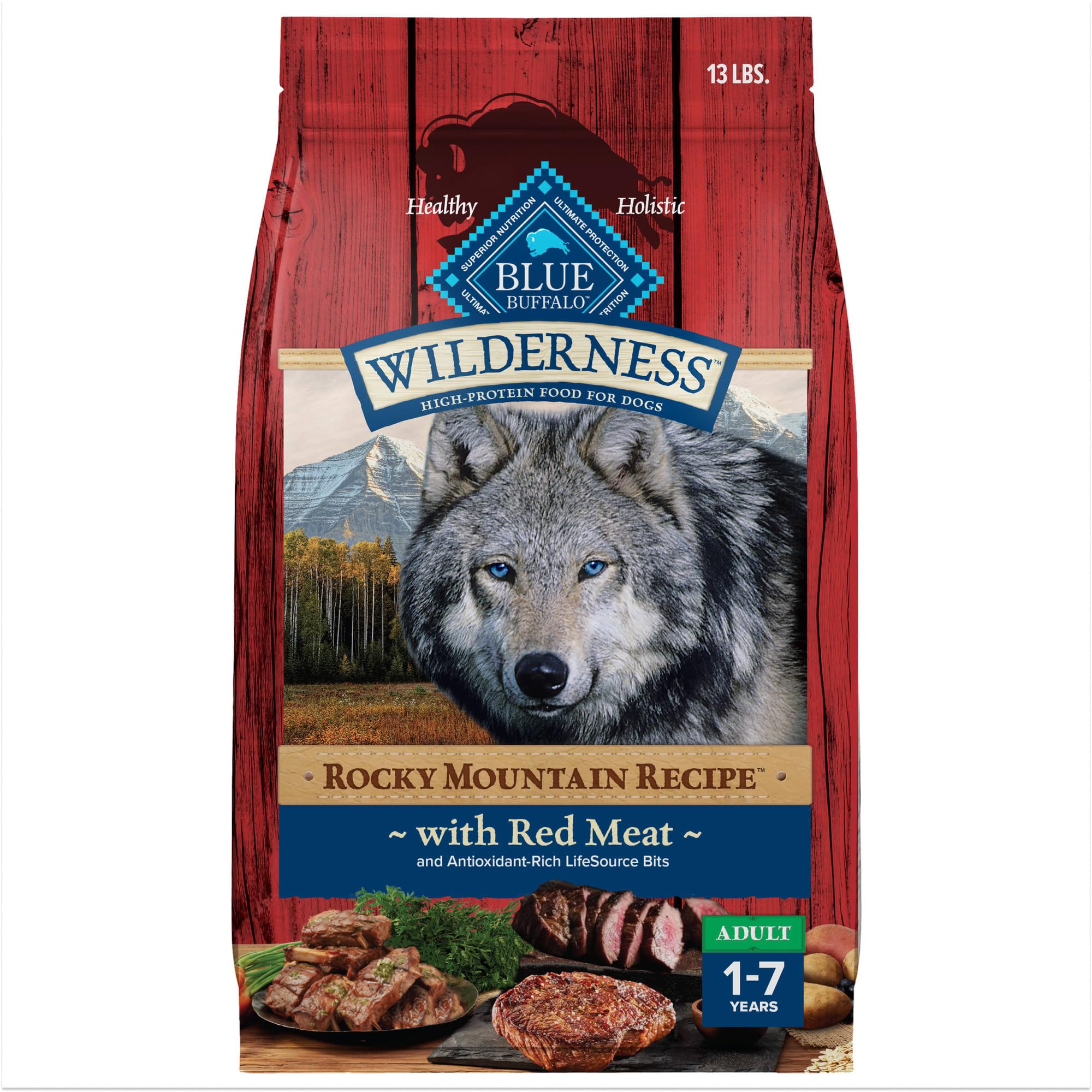 Blue Buffalo Wilderness High-Protein Rocky Mountain Recipe Dry Food for Adult Dogs, Red Meat & Grains, 13-lb. Bag