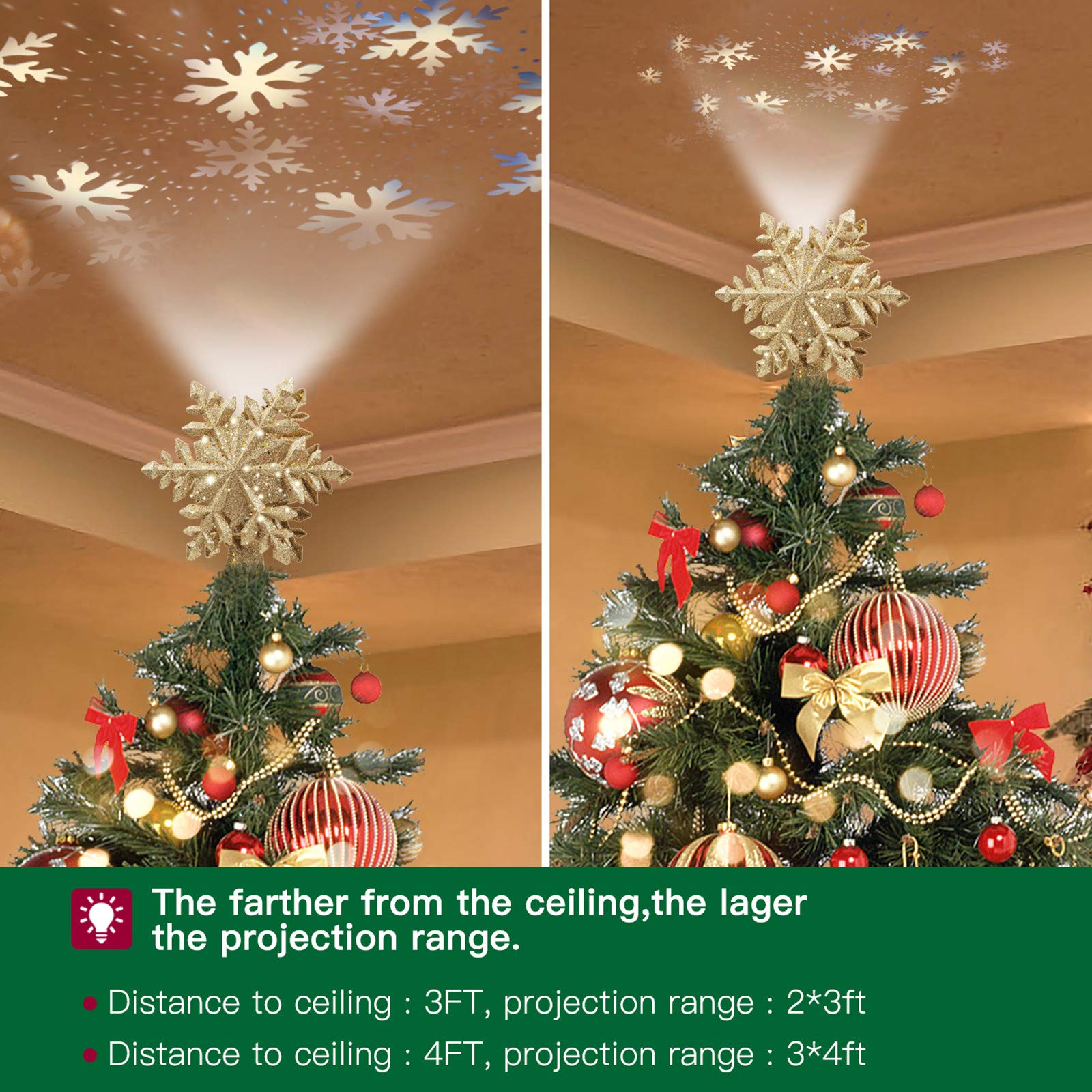 DG-Direct Christmas Tree Topper Lighted with Golden Snowflake Projector, Led Rotating Magic Snowflake, 3D Hollow Glitter Lighted Gold Snow Tree Topper for Christmas Tree Decorations