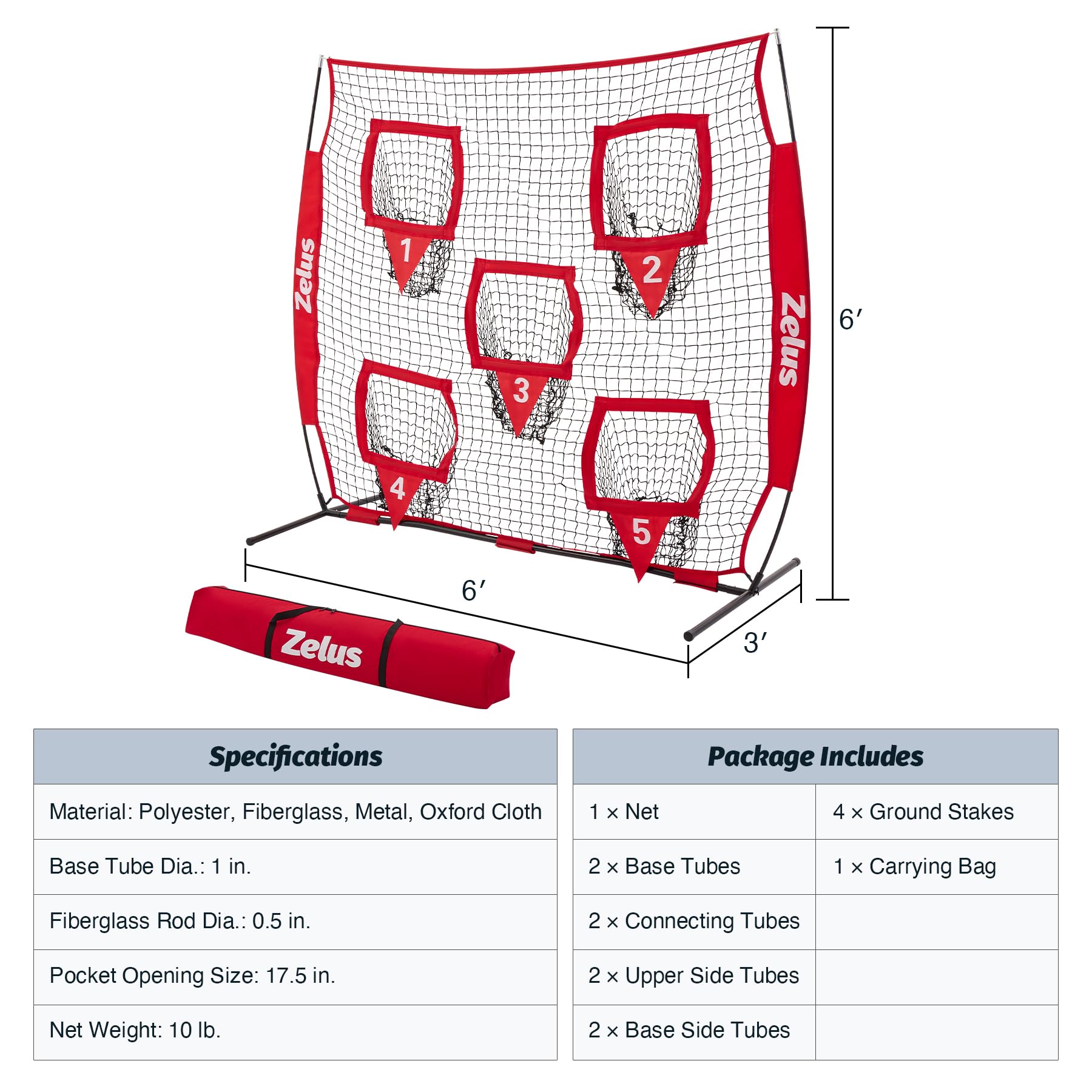 ZELUS 6 x 6ft Football Throwing Net, Quarterback Training Equipment with 5 Target Pockets, Football Practice Throwing Passing Accuracy Trainer with Carry Bag Ground Stakes for Kids Adults, Red