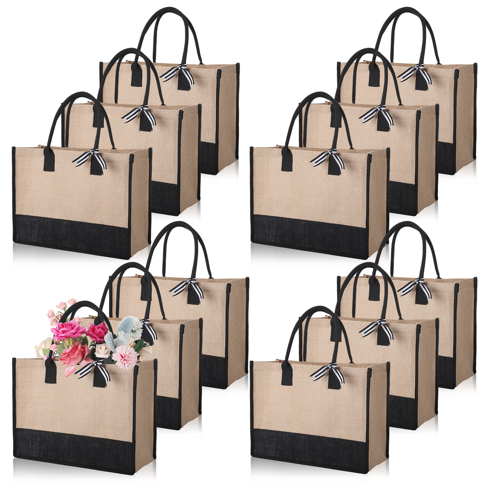 12 Pieces Burlap Tote Bags Set Jute Tote Bag with Handles Initial Canvas Beach Large Reusable Gift Bag for Women Shopping Market Grocery Holiday Travel DIY Bags