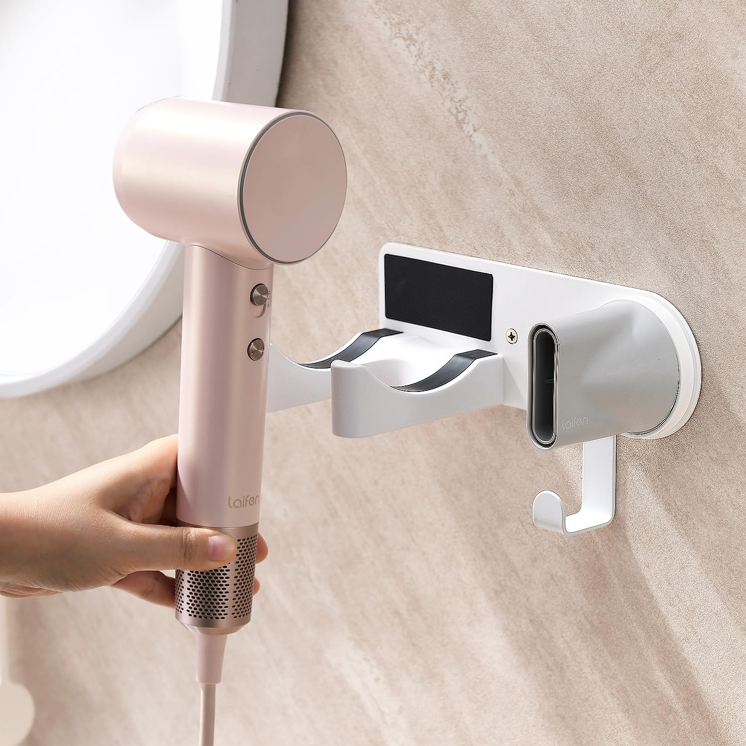 Hair Dryer Holder Wall Mounted, Hair Dryer Organizer Self Adhesive Compatible with Dyson Blow Dryer Holder Aluminum BlowDryer Holder Wall Mounted for Bathroom White CHOCHOYAH
