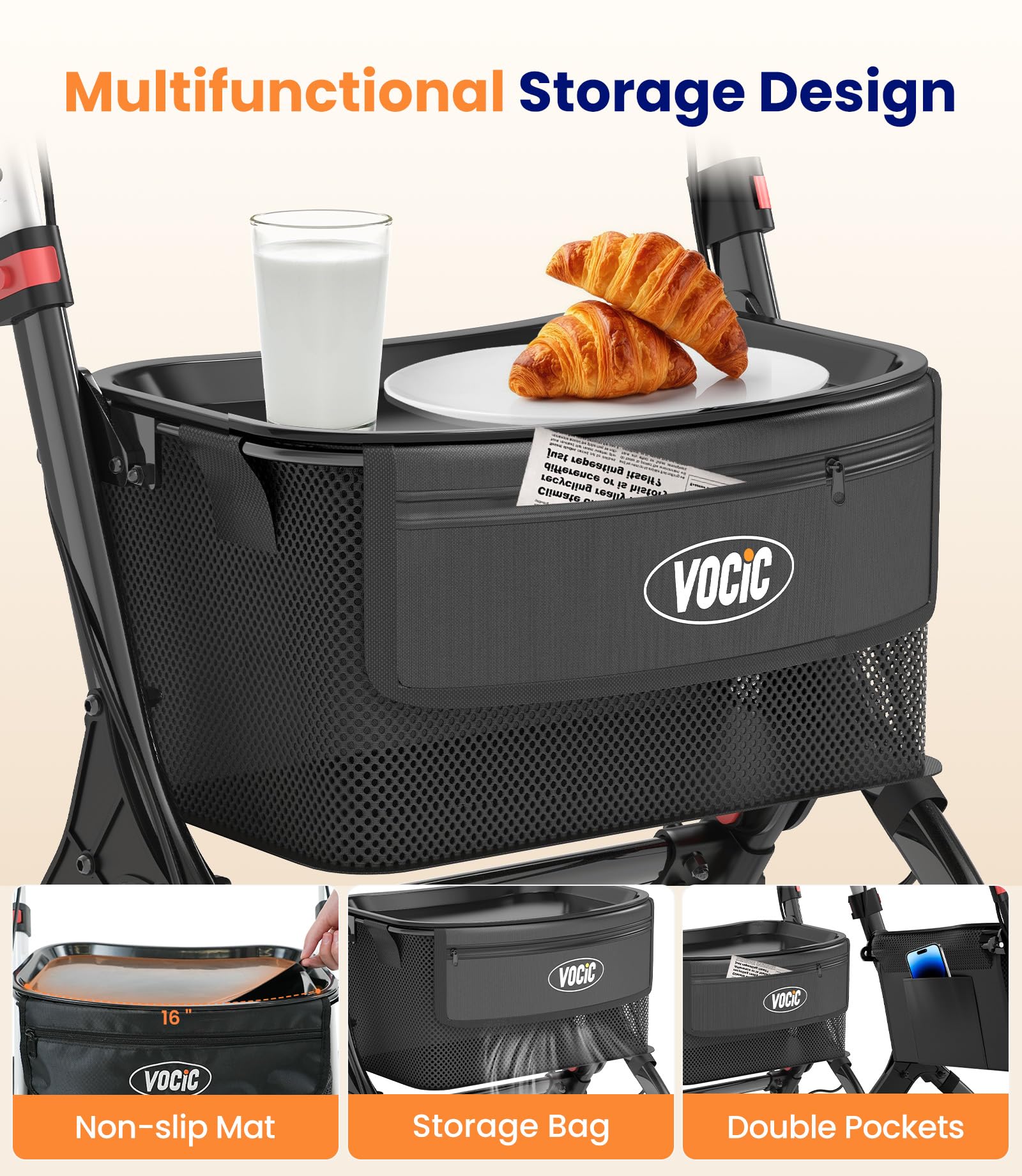 Narrow Rollator Walkers for Small Spaces, Indoor Rollator Foldable and Lightweight, Stable Home Rollator with Quiet Anti-Slip Tires, Rollators for Seniors Foldable with Tray