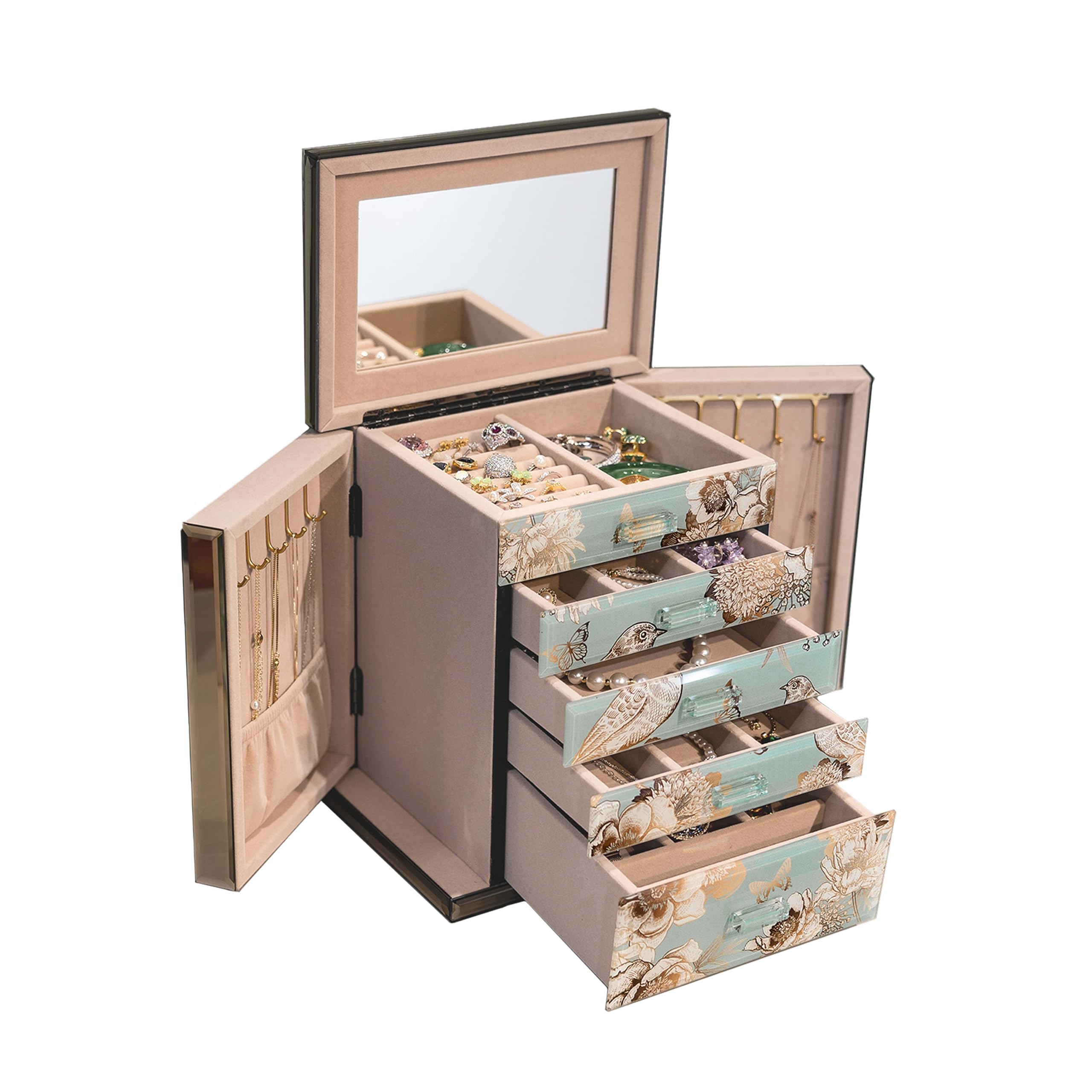 Homruilink High End Glass Jewelry Box, 5 Layer Jewelry Organizer for Women, Side Doors & Mirror, Velvet-Lined Storage for Rings & Necklaces, Fathers Day Gift for Dad (Bird & Floral)