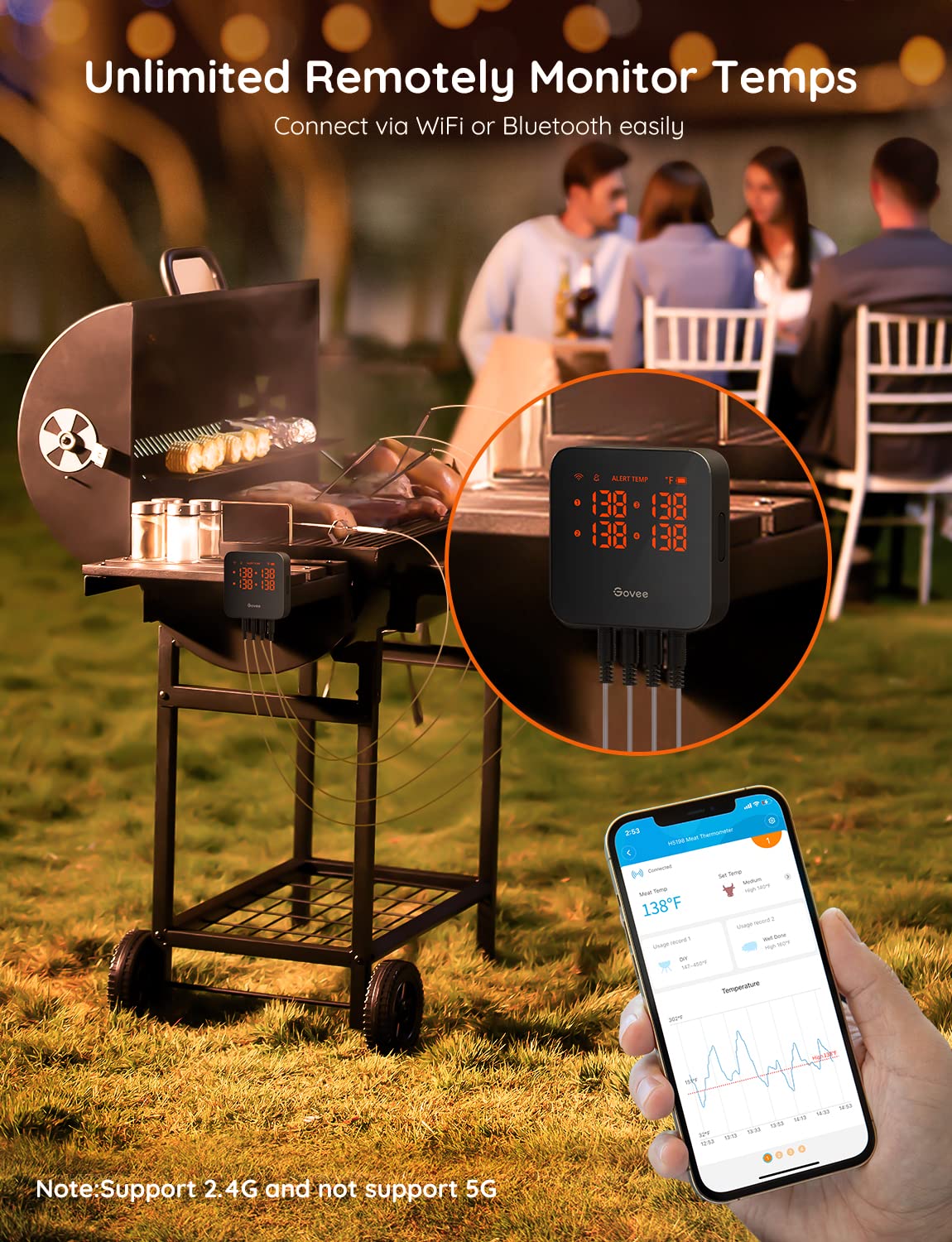 Govee WiFi Meat Thermometer with 4 Probe, Smart Bluetooth Grill Thermometer with Remote App Notification Alert, Digital Rechargeable BBQ Thermometer for Smoker Oven Kitchen