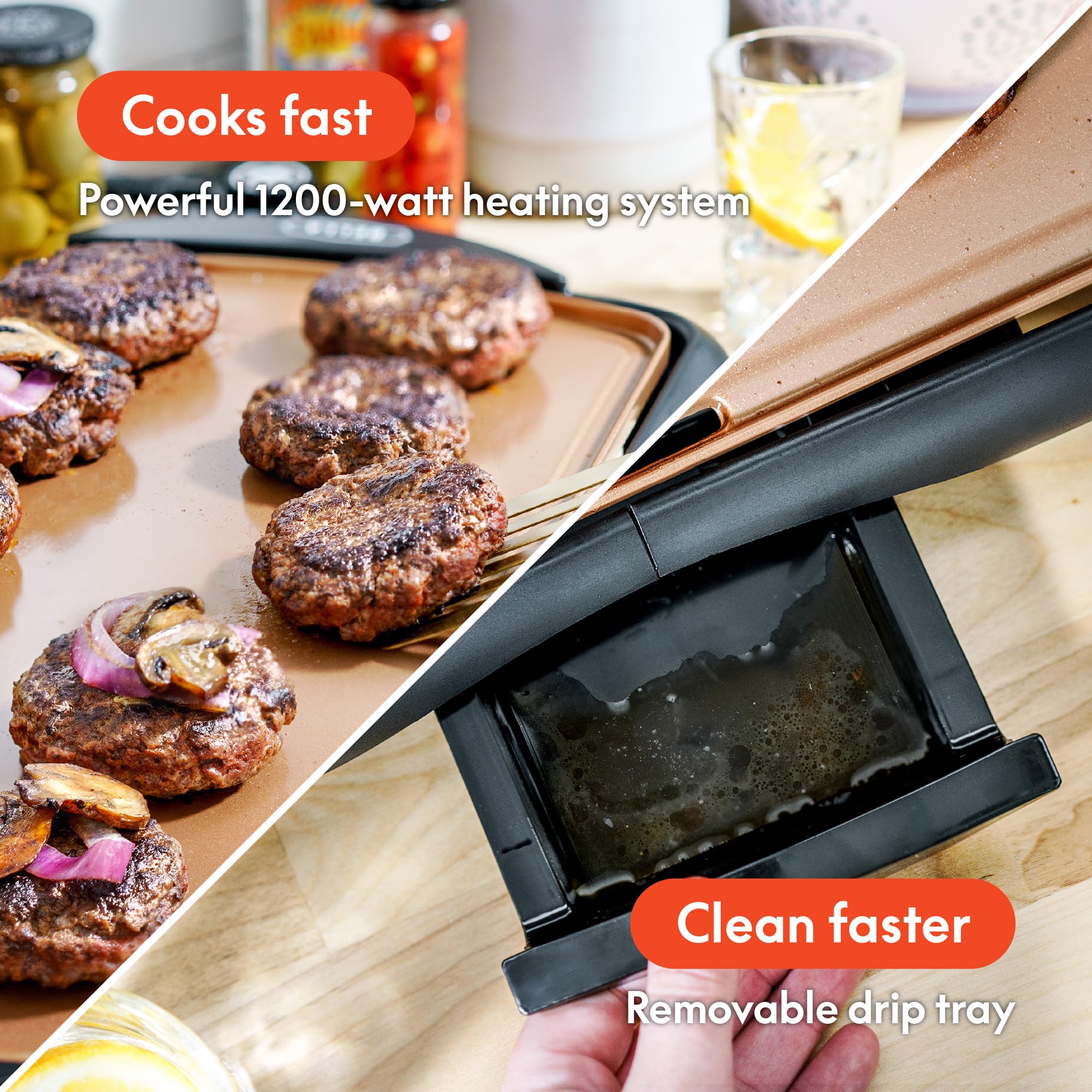 BELLA Electric Ceramic Titanium Griddle, Make 10 Eggs At Once, Healthy-Eco Non-stick Coating, Hassle-Free Clean Up, Large Submersible Cooking Surface, 10.5" x 20", Copper/Black