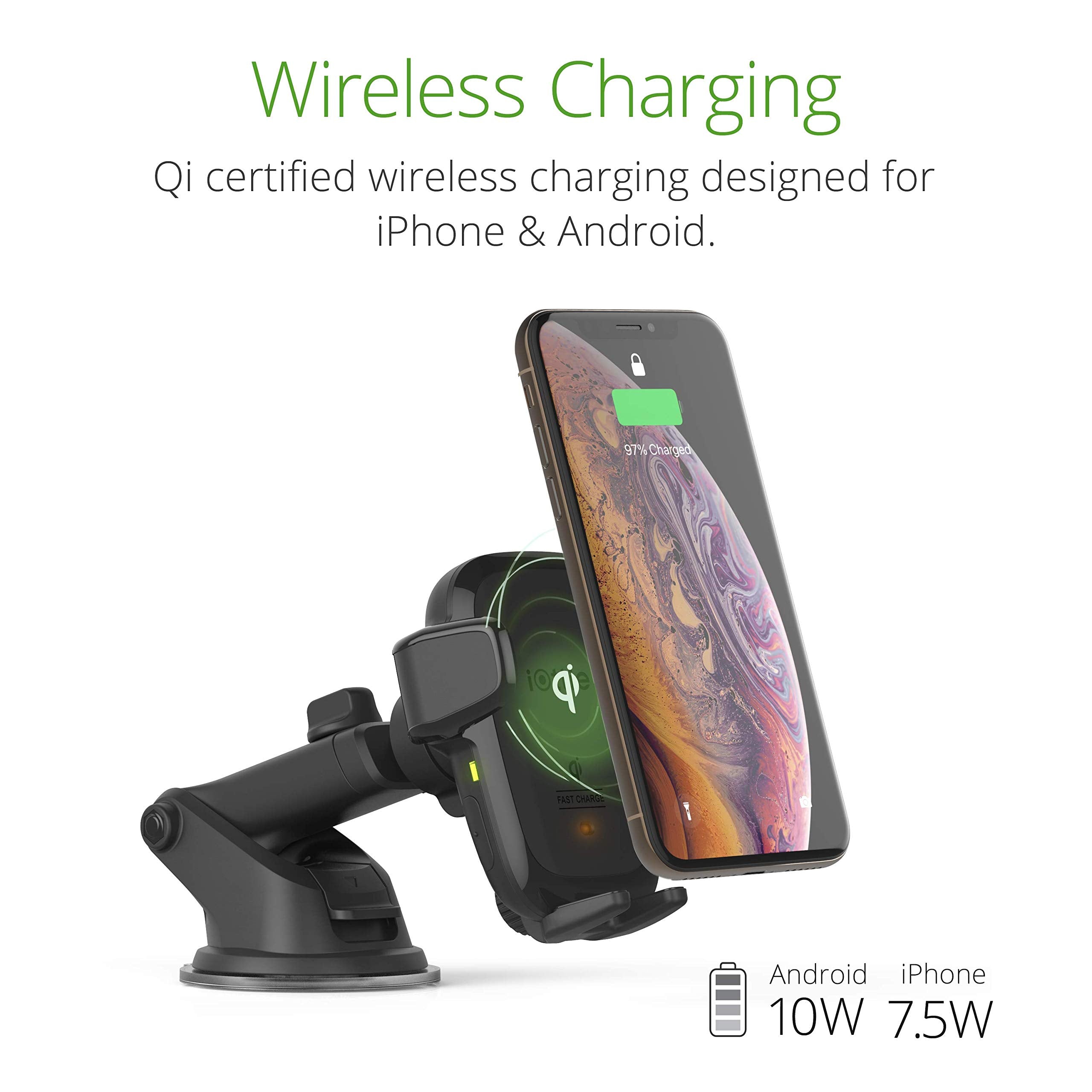 iOttie Auto Sense Qi Wireless Car Charger - Automatic Clamping Dashboard Phone Mount with Wireless Charging for Google Pixel, iPhone, Samsung Galaxy, Huawei, LG, and other Smartphones.