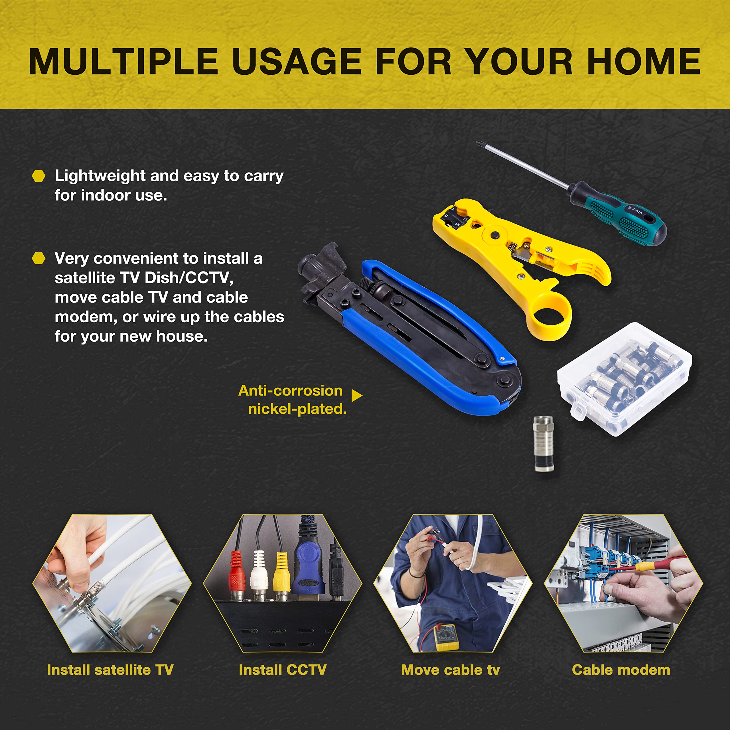 KOTTO Coax Cable Crimper Kit - Adjustable Compression Tool for RG6, RG59, RG11 - Includes Coaxial Cable Stripper and 20 F Compression Connectors