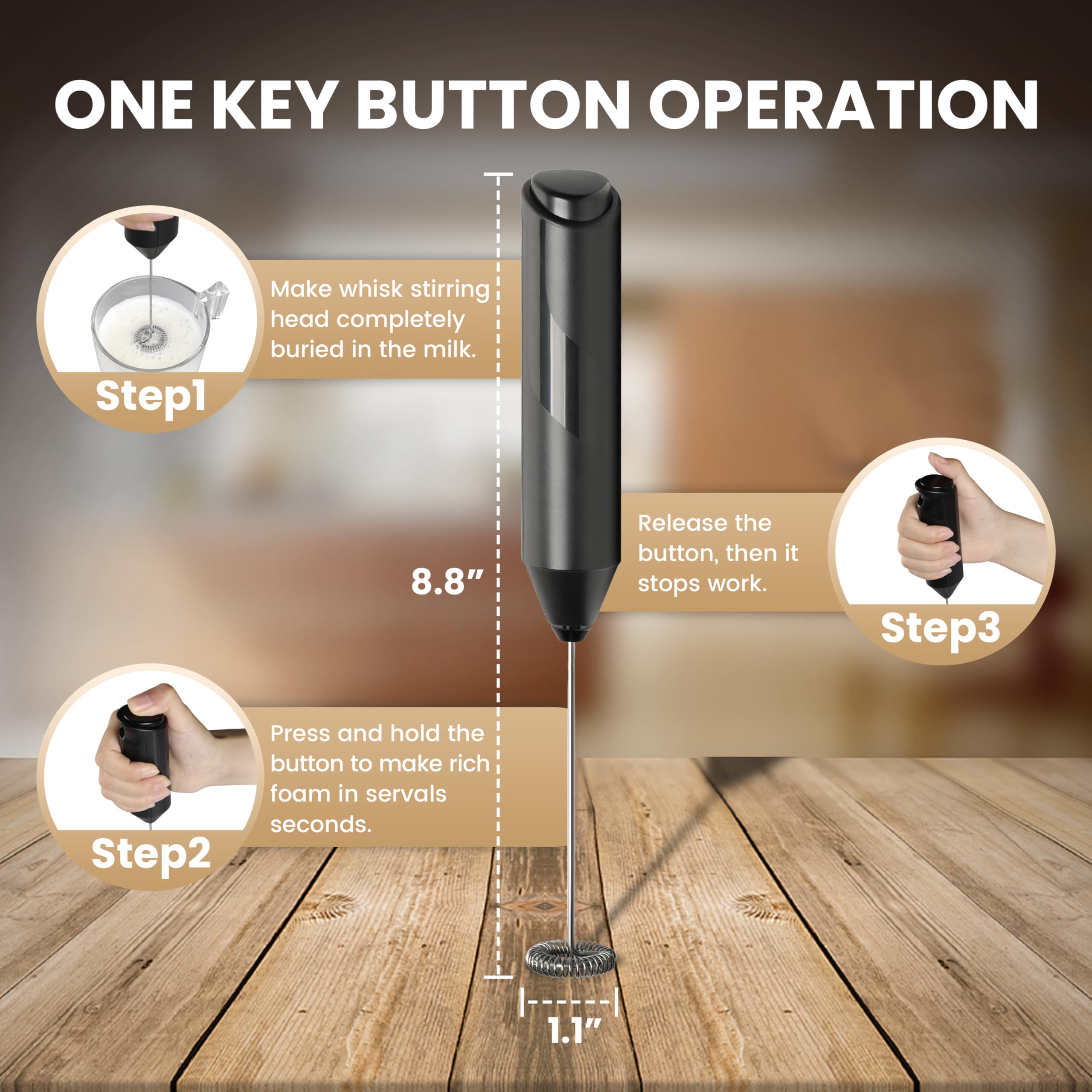 InfiniPower Milk Frother Handheld with Stainless Steel Stand, Battery Operated Whisk Maker Hand Drink Mixer for Lattes, Coffee, Cappuccino, Matcha, Black