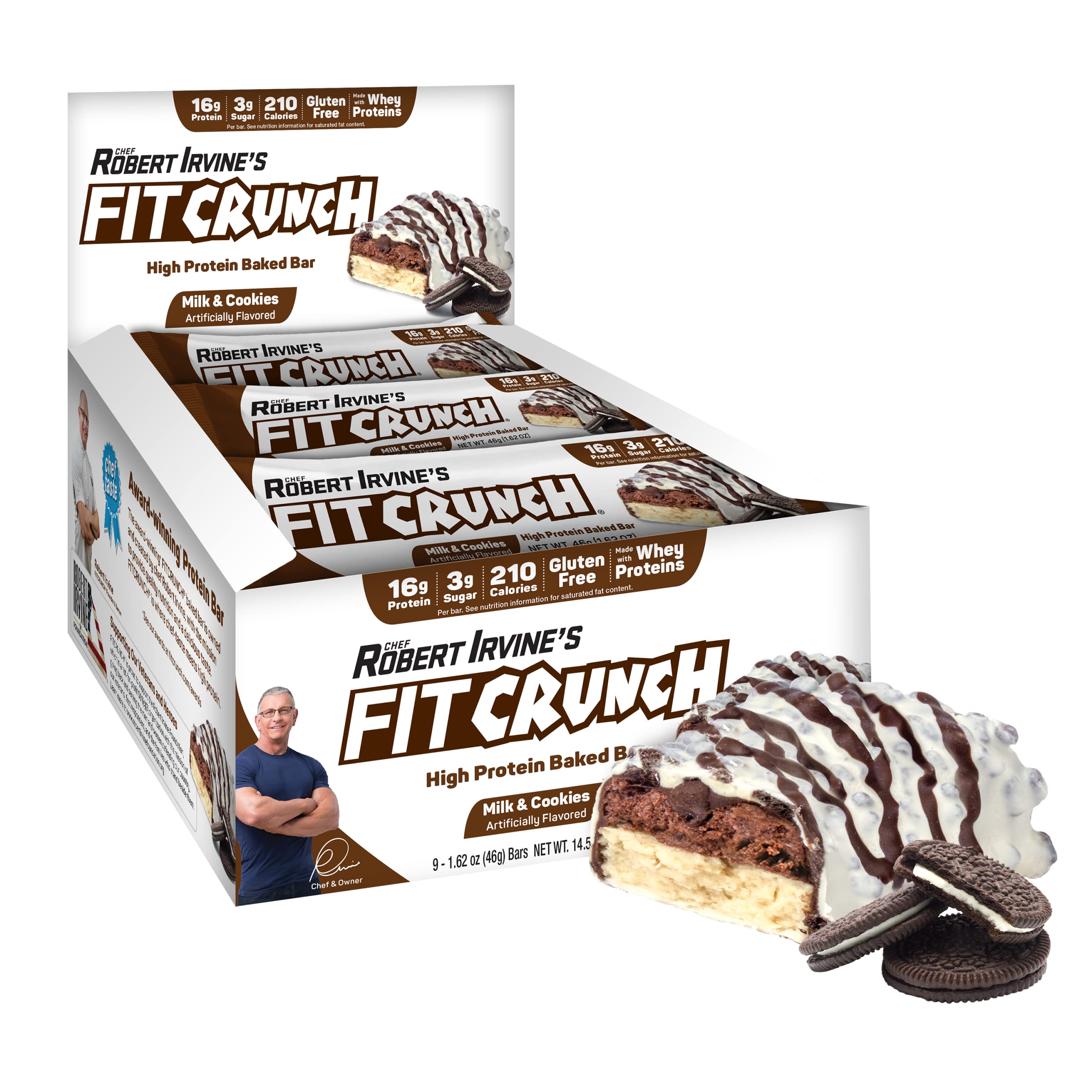 FITCRUNCH Snack Size Protein Bars, World’s Only 6-Layer Baked Bar, Just 3g of Sugar & Soft Cake Core (9 Count, Milk & Cookies)