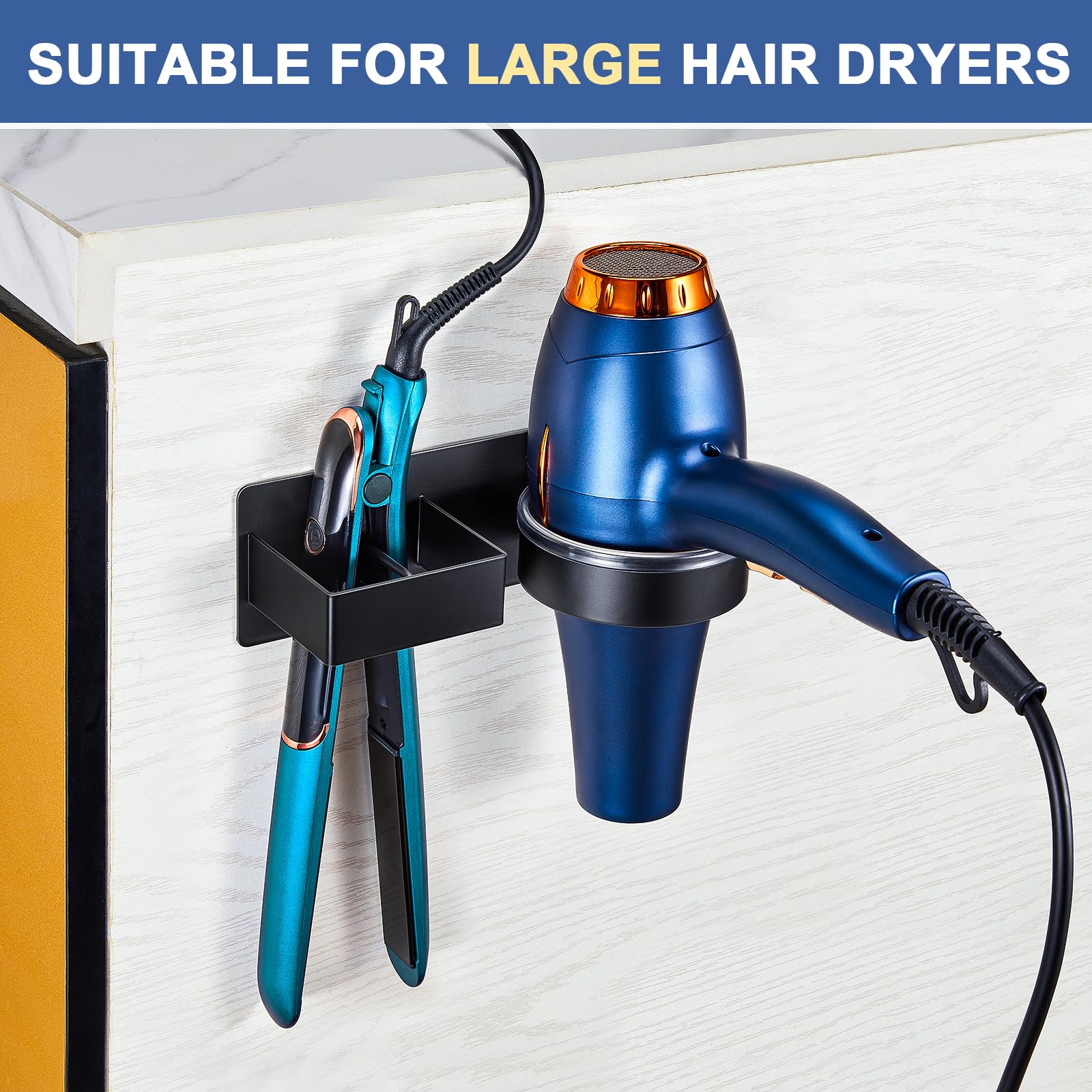 YAYINLI Hair Straightener Holder Wall, Blow Dryer Holder Wall Mounted Hairdryer Holder for Bathroom, Hair Tools Organizer & Storage Curling Iron Holder, Salon Hair Dryer Holder (Black)