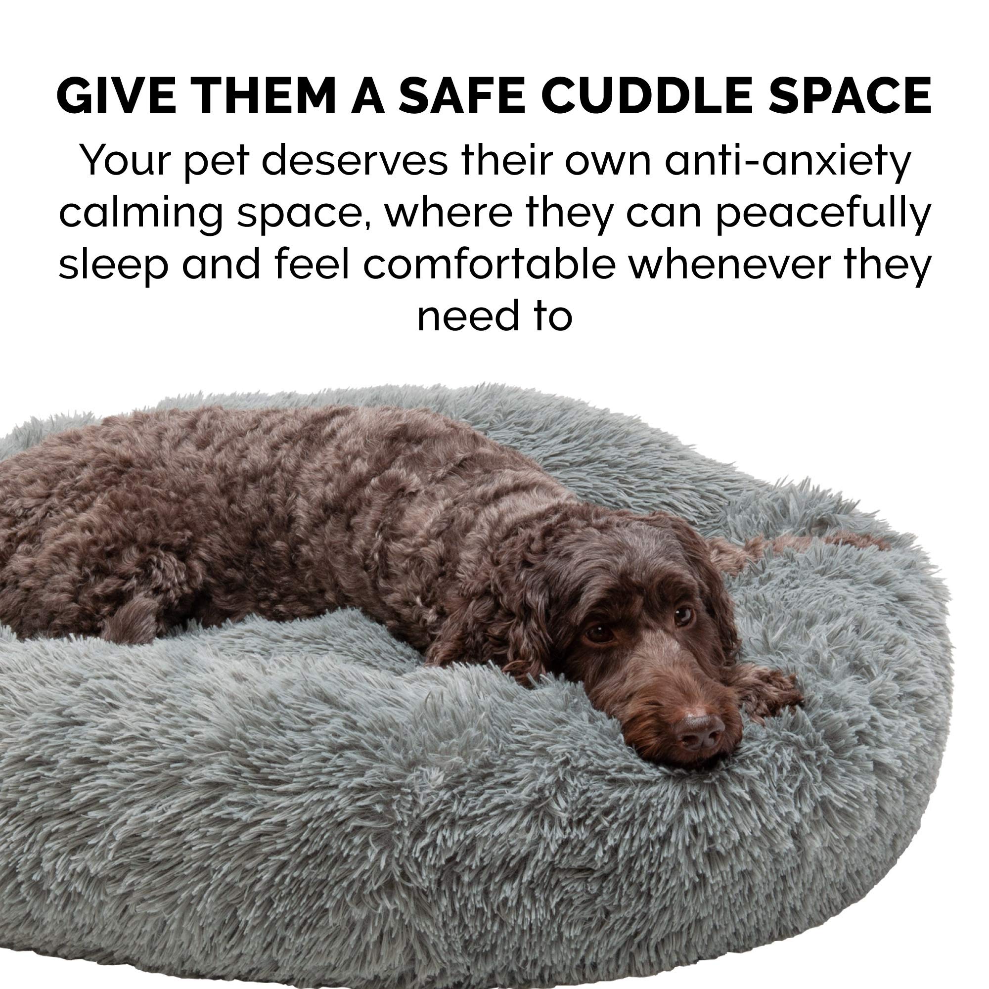 Furhaven 45" Round Calming Donut Dog Bed for Large Dogs, Refillable w/ Removable Washable Cover, For Dogs Up to 90 lbs - Shaggy Plush Long Faux Fur Donut Bed - Gray, Jumbo/XL