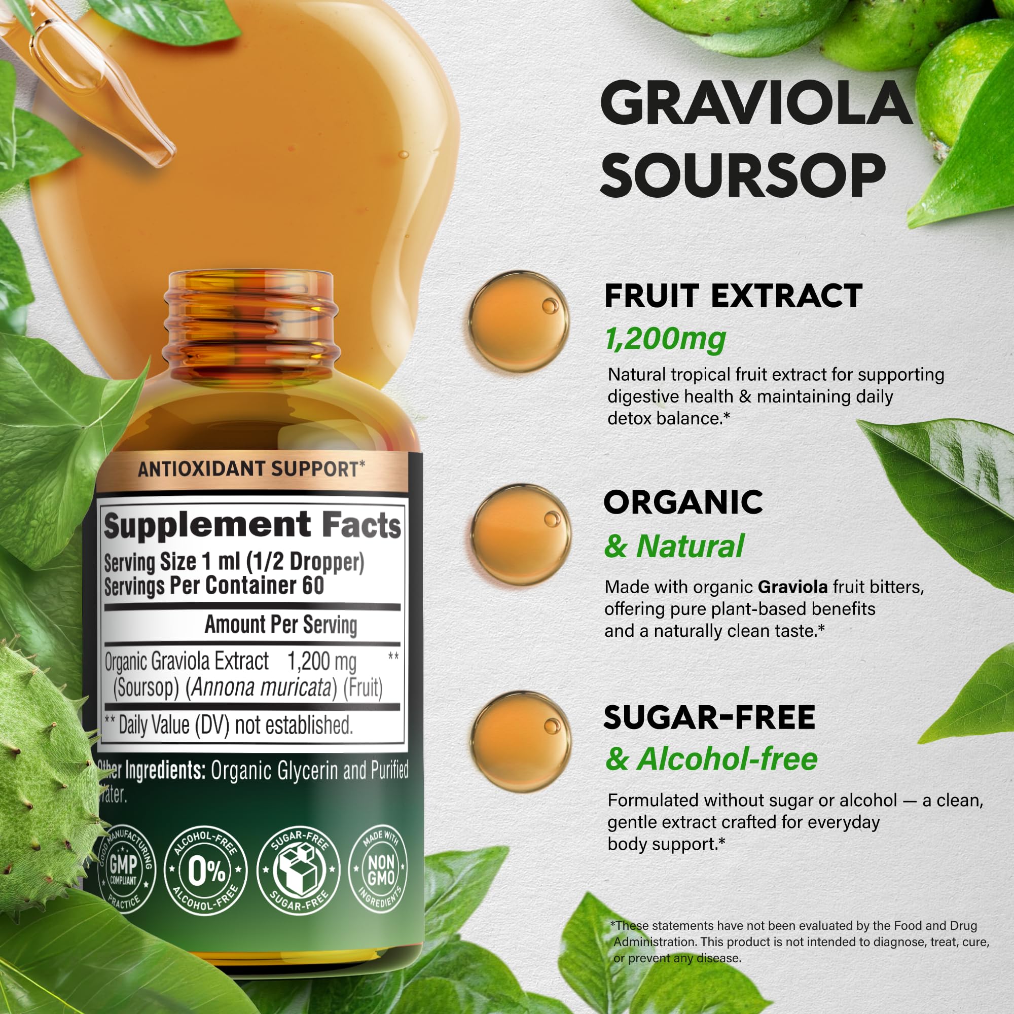 USDA Organic Soursop - Soursop Bitters Liquid - Graviola Fruit Extract - Antioxidant for Digestion & Detox | Energy Boost & Immune Support - Sugar & Alcohol-Free, Natural Taste - Made in USA - 2 Fl Oz