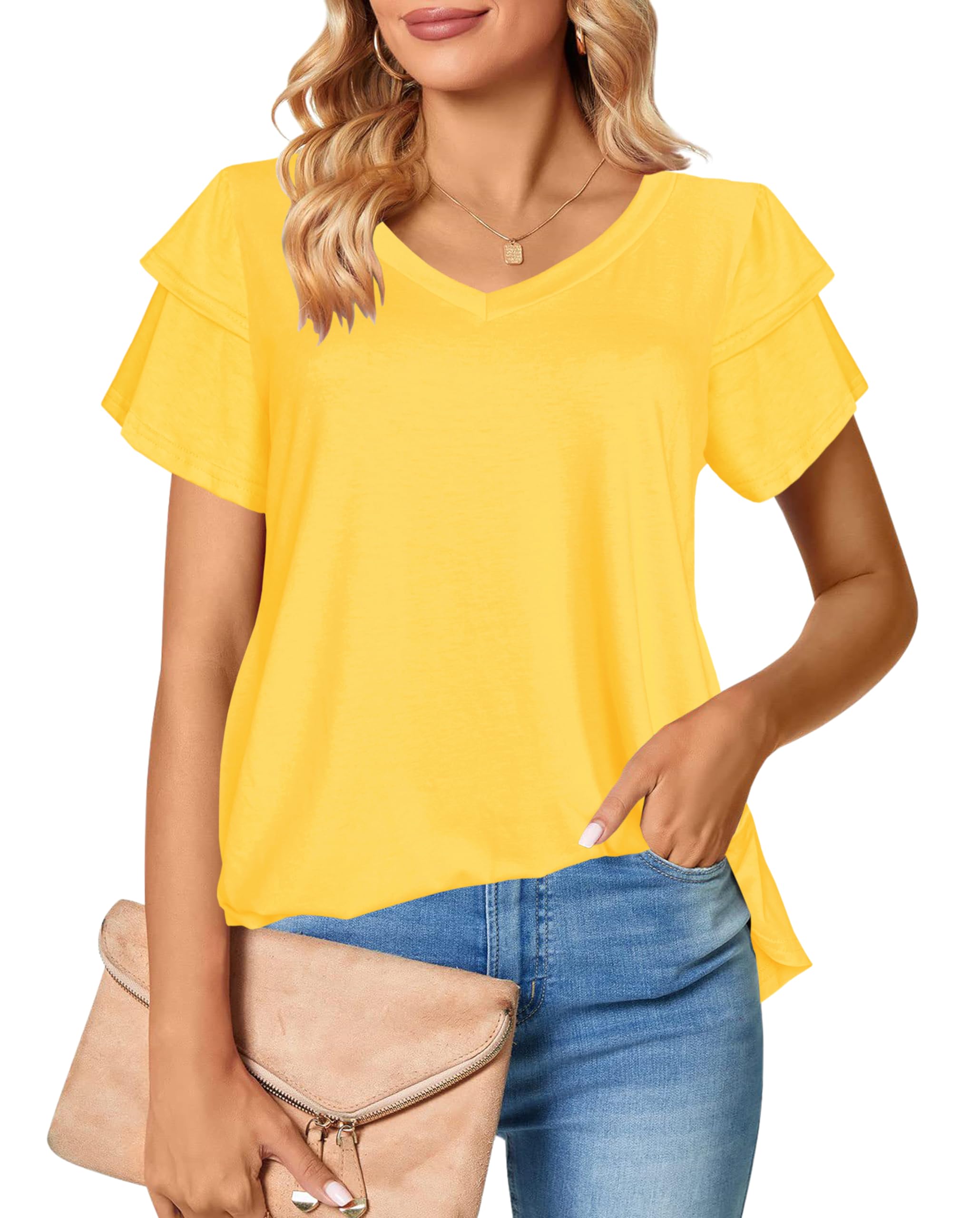 Afibi Womens Summer Tops Ruffle Short Sleeve V Neck T-Shirts Casual Loose Fit (XXX-Large, Yellow)