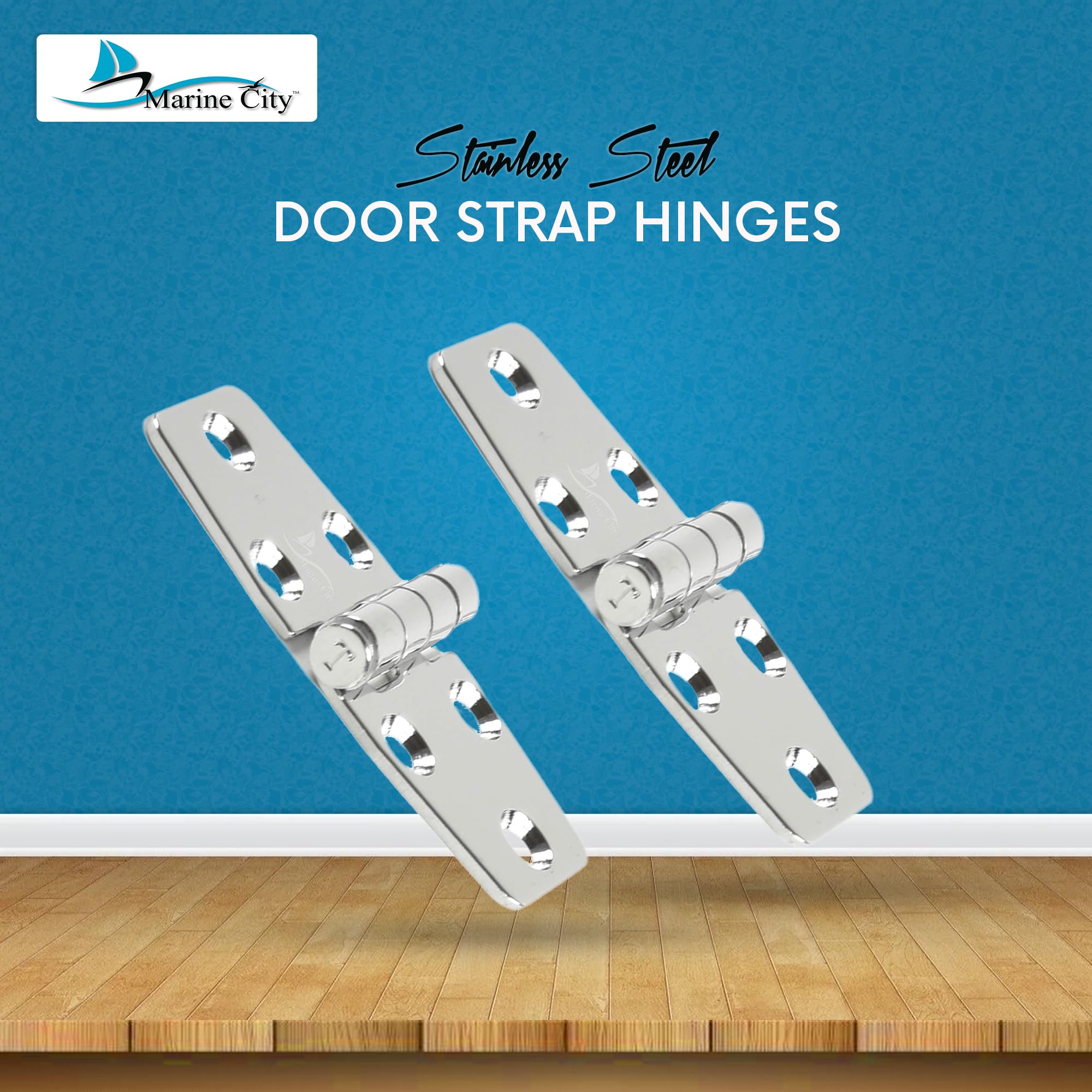 MARINE CITY Heavy Duty 304 Stainless Steel Polished Door Strap Hinges (1-1/2 × 3 Inches) for Boats – Kayaks – Yacht Doors – Peer Doors – Motor Boxes (Pack of 2)