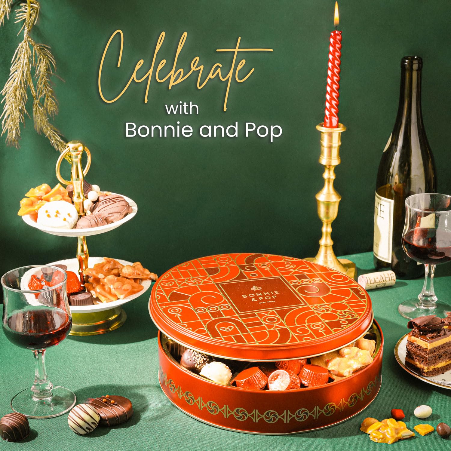 Holiday Snack Gift Tin, Round, Modern Pattern, Assorted Treats: Belgian Truffles, Chocolate Covered Oreos, Peanut Brittle and Candy Nuts