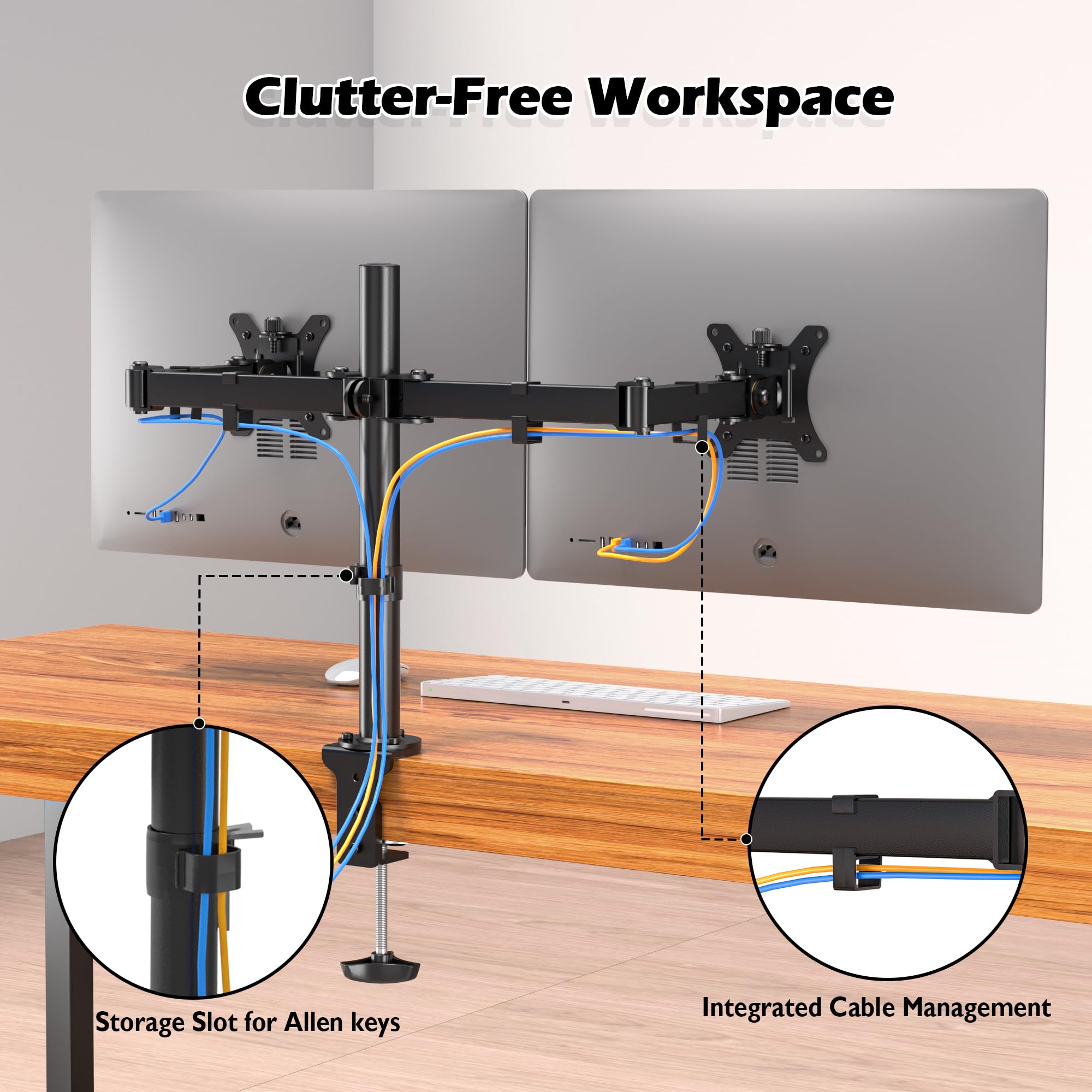 BONTEC Dual Monitor Mount for 13-32 Inch LCD LED PC Screens, Double Monitor Stand for Desks, Height Adjustable Dual Monitor Arm with Tilt ±45°/ Swivel 180°/ Rotate 360°/ VESA 75/100mm