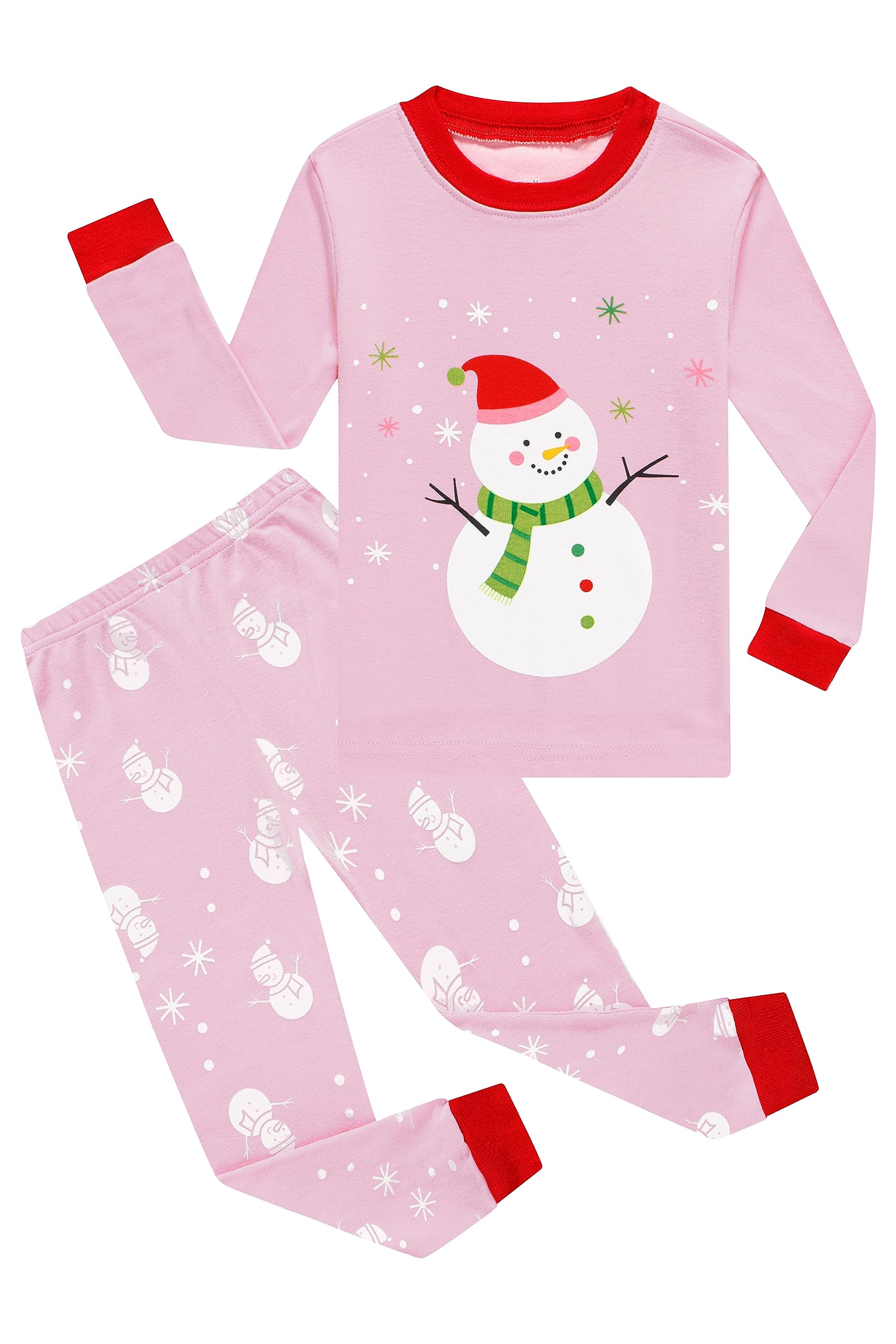 KikizYe Little Girls Boys Long Sleeve Christmas Pajamas Kids Cotton Holiday Pyjamas Pink Snowman Pjs Size 7