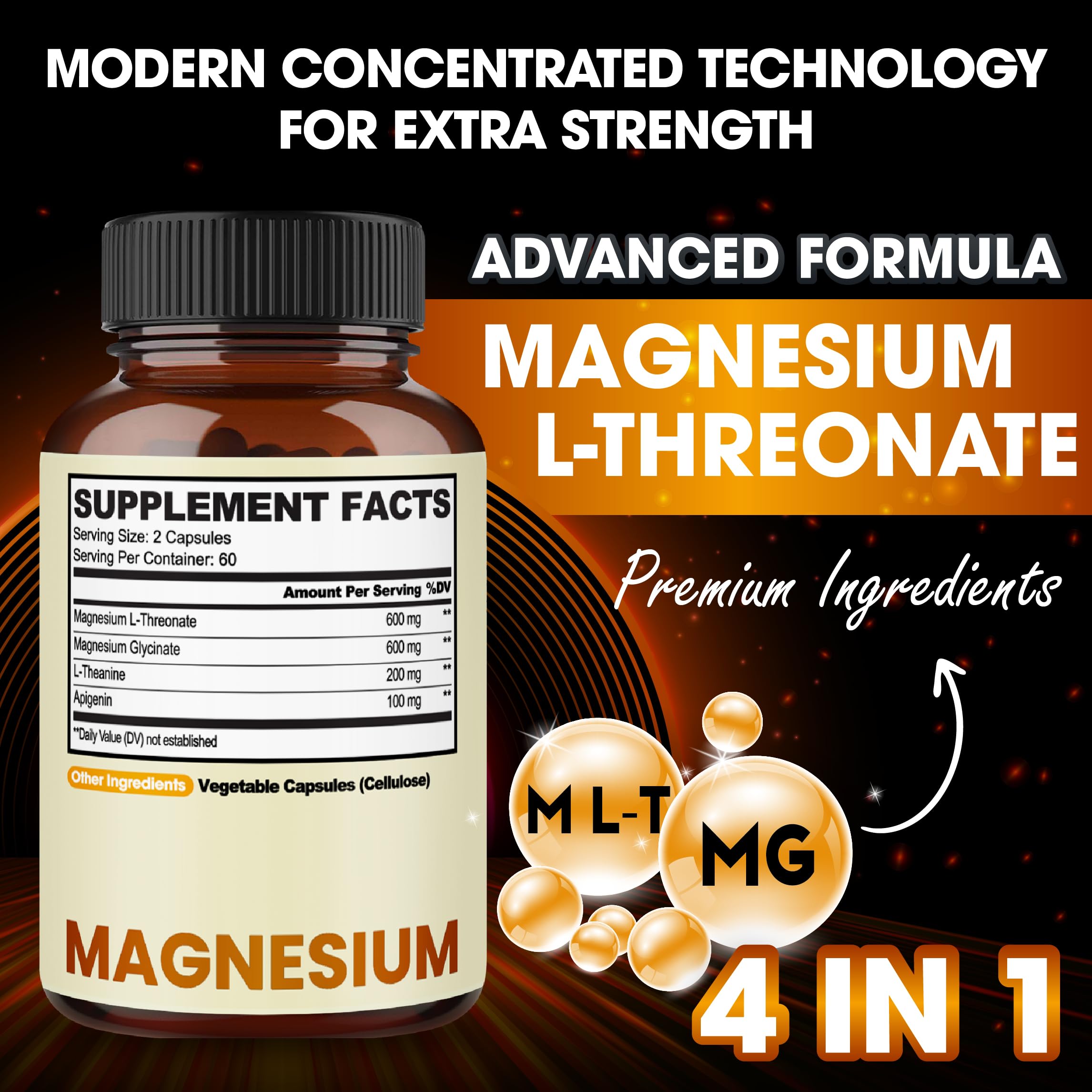 1500mg Magnesium L-Threonate Capsules - Extra Concentrated Formula Support - 120 Pills - Gluten-Free, Non-GMO