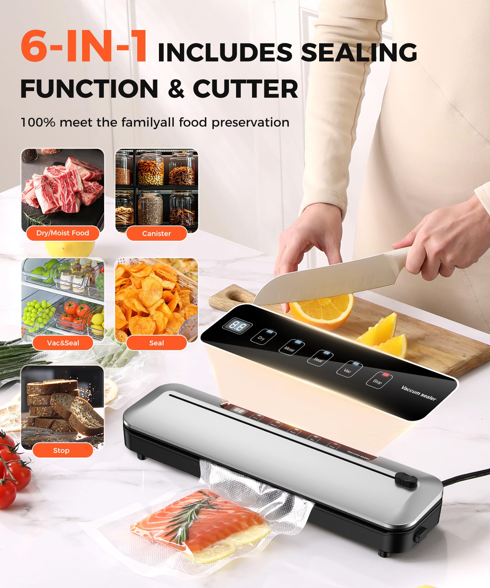 Vacuum Sealer Machine,75Kpa Precision Suction Power 6-in-1 Food Sealer with Digital Timer, Dry & Moist Food Modes, Compact Design with 10 Vacuum Bags & Bulit-in Cutter(Sliver)