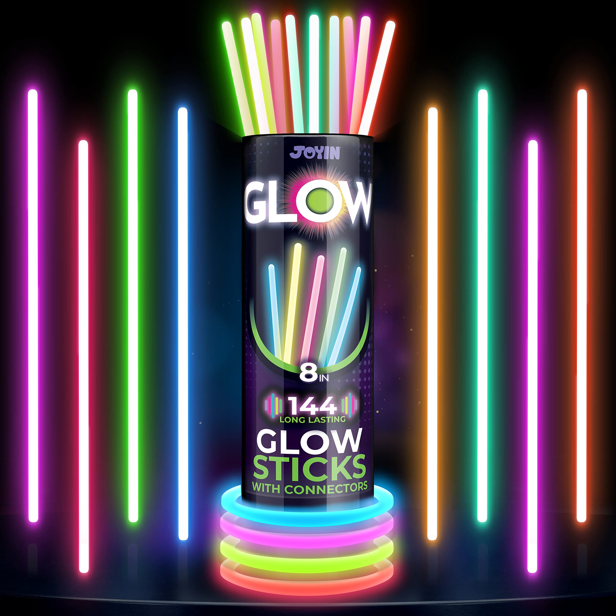 JOYIN 144 Pcs Glow Sticks Bulk 8" Bracelets Necklaces, Glow in the Dark Neon, Easter, Football,Halloween Party Supplies Pack