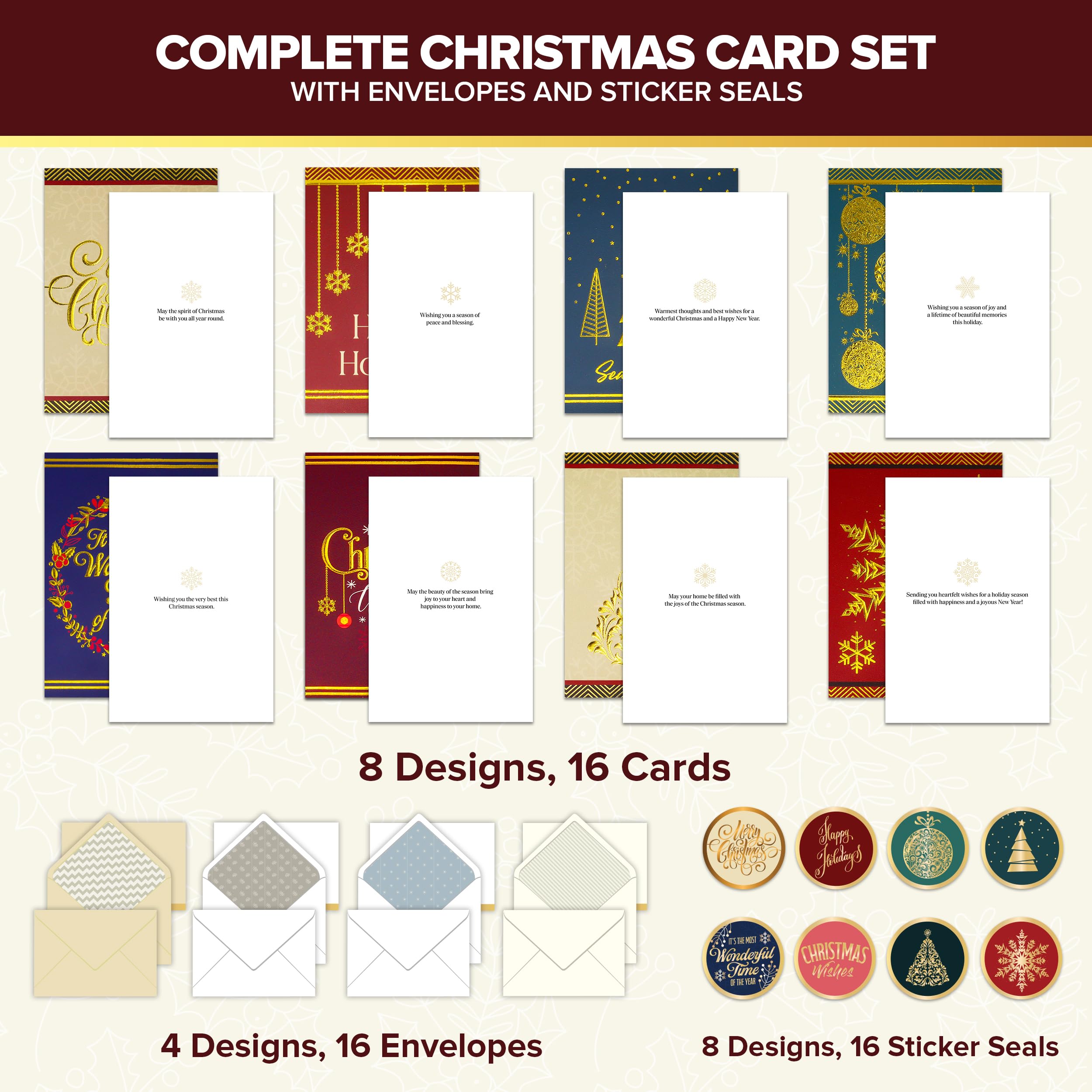 Decorably 16 Pack Foil Embossed Elegant Merry Christmas Cards with Envelopes & Stickers - 8 Designs with Printed Message High End Christmas Cards Boxed with Envelopes, 5x7in Boxed Christmas Cards