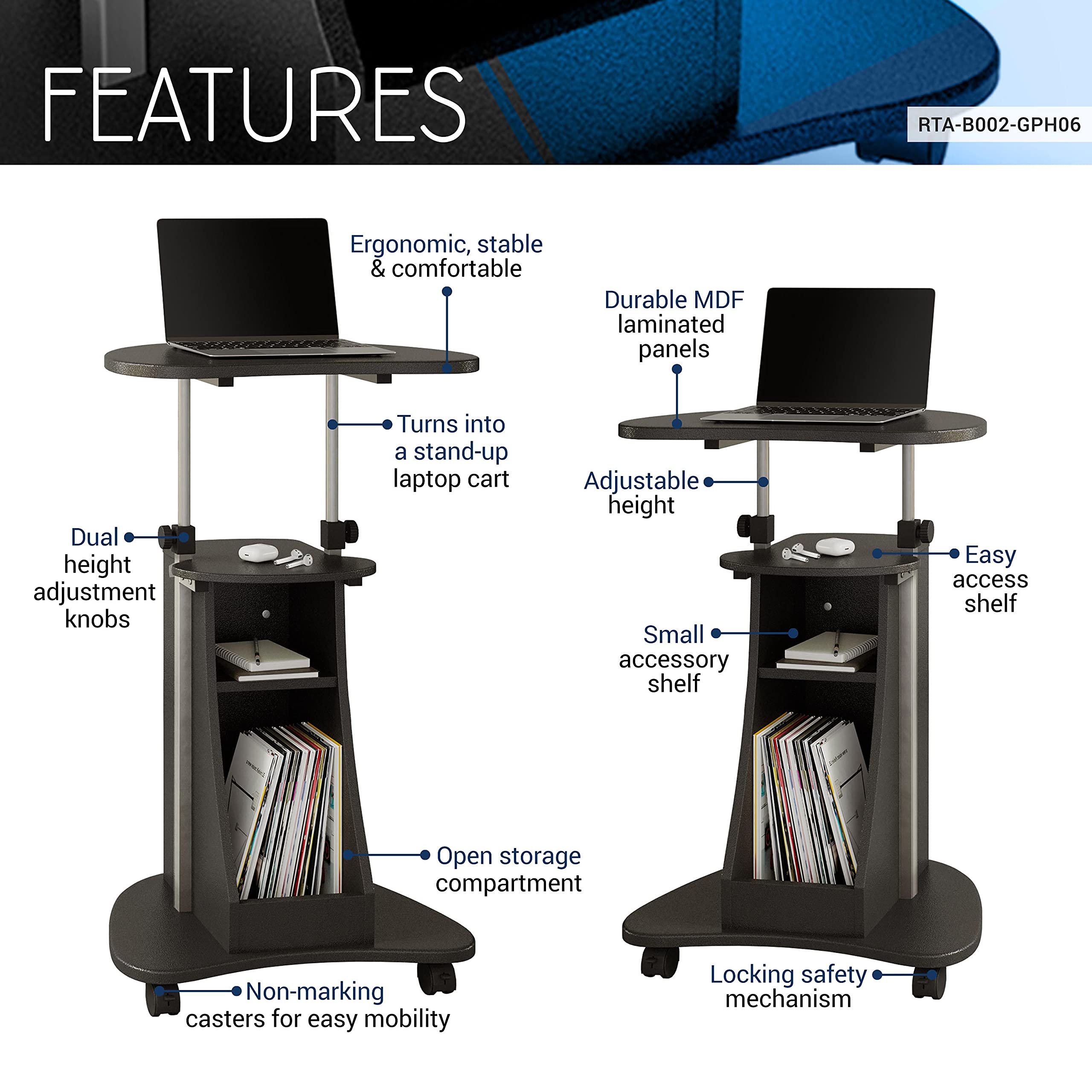 Techni Mobili Sit-to-Stand Rolling Adjustable Height Laptop Cart with Storage, Graphite, 22 x 16 x 46