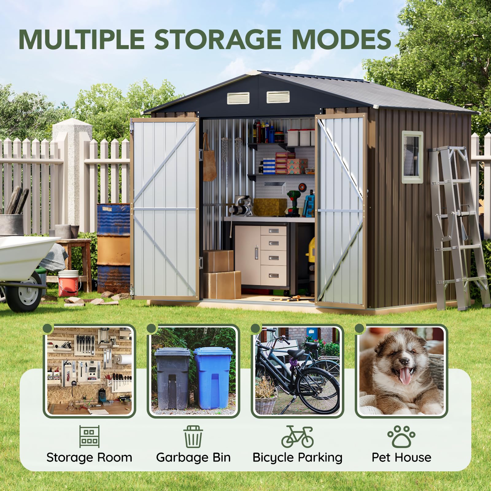 Grovellis 6x8FT Outdoor Metal Storage Shed, Double Door, 1 Clear Window, Tool Shed for Garden, Patio, Backyard Brown