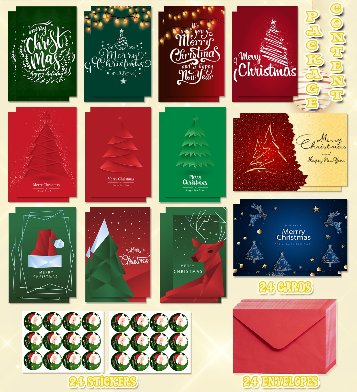 HSHFAMIIY Christmas Cards, Stocking Stuffers for Adults, 24 Pcs Christmas Cards with Envelopes & Stickers,4 x 6 Inch,Blank Holiday Greeting Card Set,Christmas Gift Baskets,Christmas Gift Bags