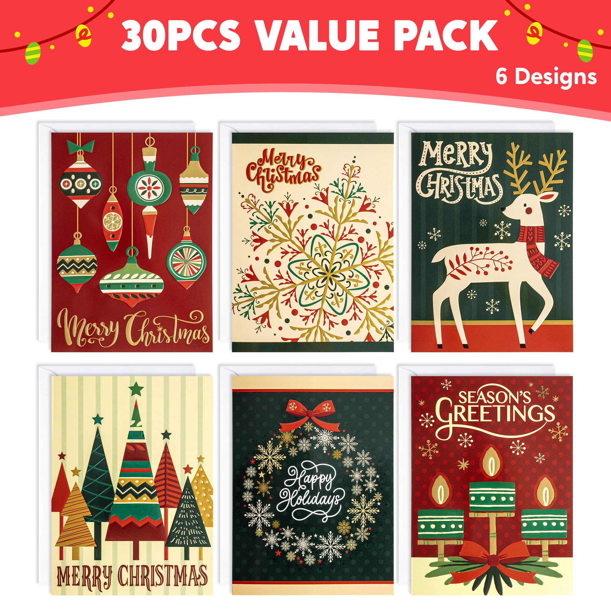 JOYIN 30 PCS Boxed Christmas Cards Assortment Elegant Icons With Envelopes, Diverse Festive 6 Designs for Winter Holiday Xmas Season Merry Christmas Cards, Present Giving, Wintertime Gifts Cards