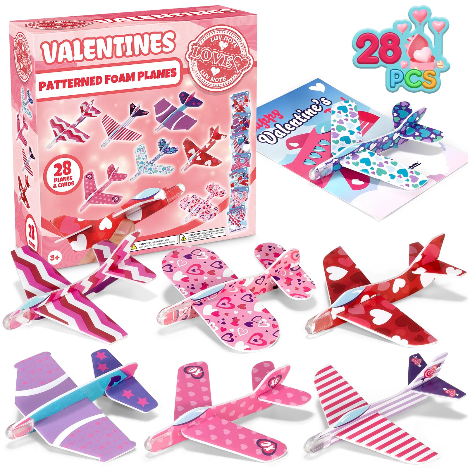 CHMYWJ 28 Pack Valentines Day Cards for Kids School with Foam Airplane Valentines Day Gifts for Kids Classroom Valentines Exchange Prize Gifts Cards Boys &Girl Valentines Airplane Party Favors