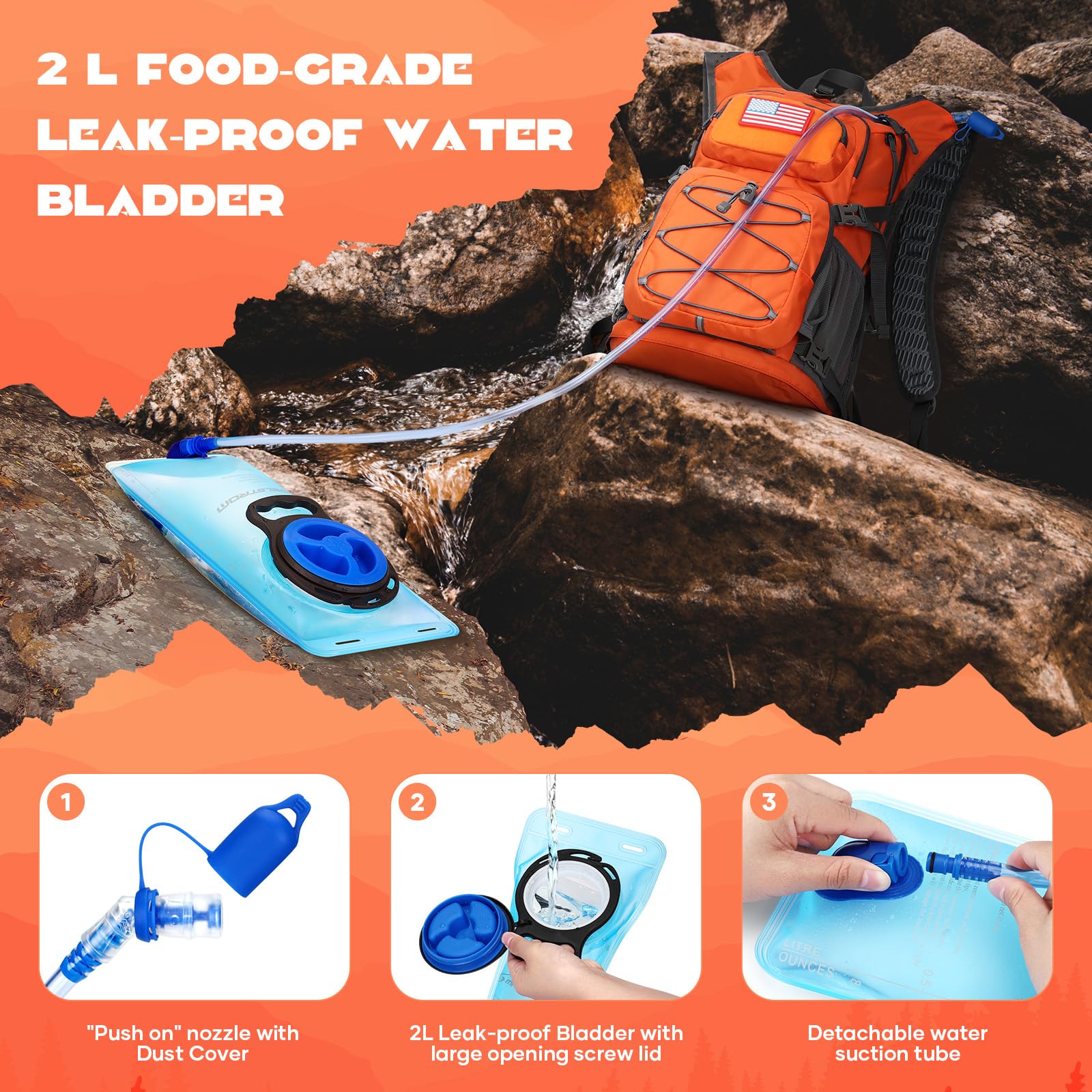 Maelstrom Hydration Hiking Backpack with 2L/3L Water Bladder, High Flow Bite Valve Camping Daypack Lightweight (2.Orange, 2L Bladder)