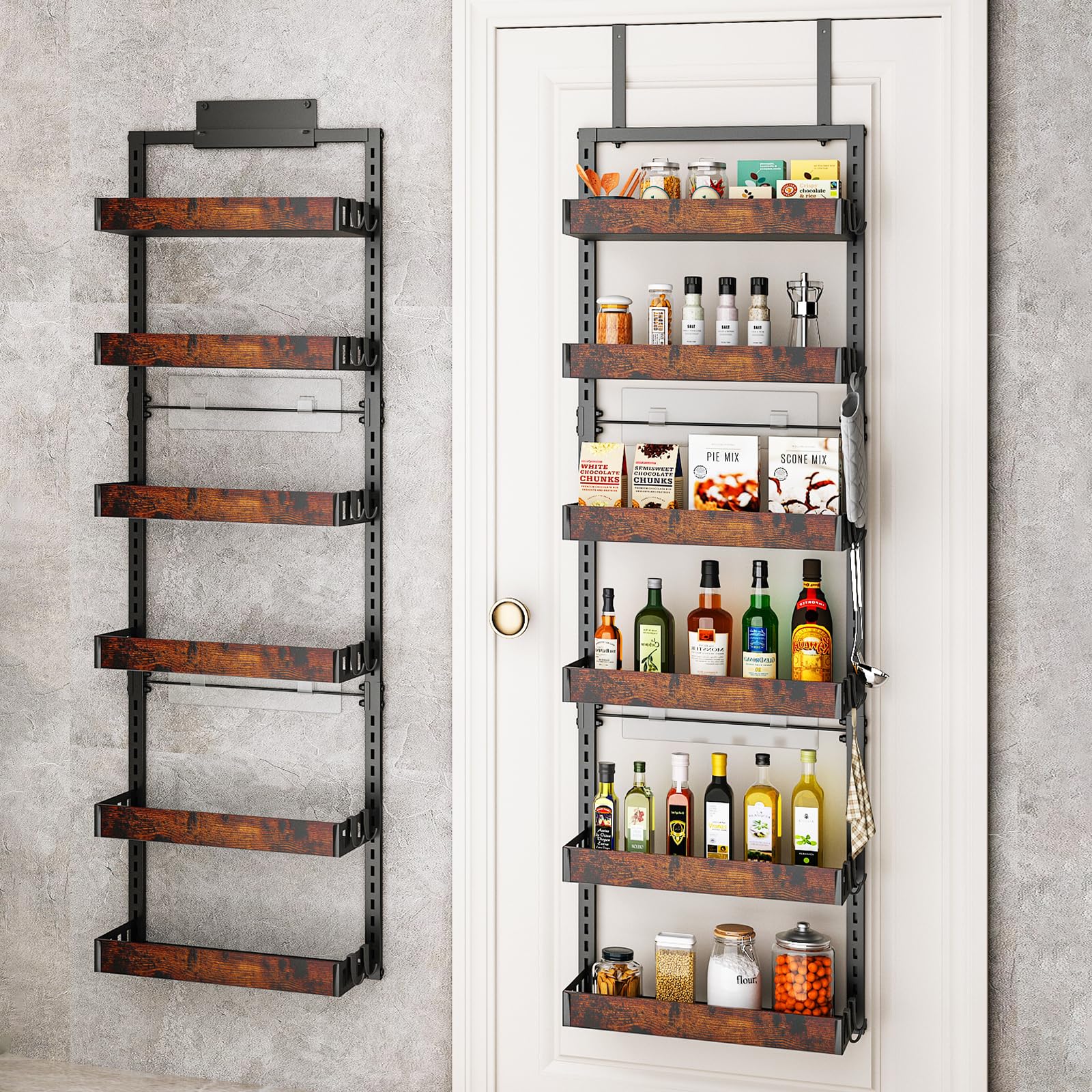 bukfen Over the Door Pantry Organizer, 6-Tier Adjustable Wooden Basket Kitchen Pantry Door Organization and Storage, Heavy-Duty Metal Hanging Kitchen Spice Rack,D6.3 x W17.71 x H50.60 inch,1 Pack