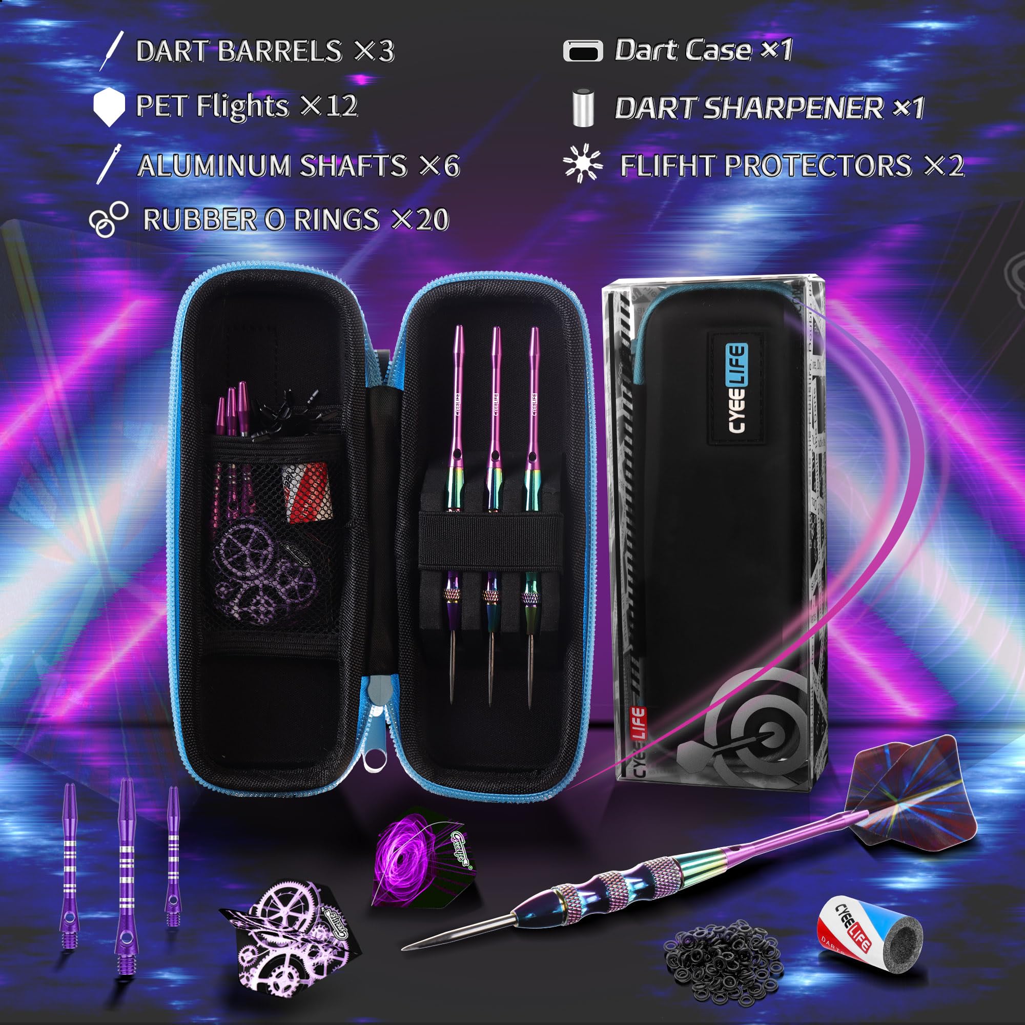 CyeeLife Steel Tip Darts Set,3 Pack Professional Dart with 6 Premium Aluminum Shafts,3 Style PET Flights,Dart Sharpener, Rubber Rings, Flight Protector and Dart Case,Colorful