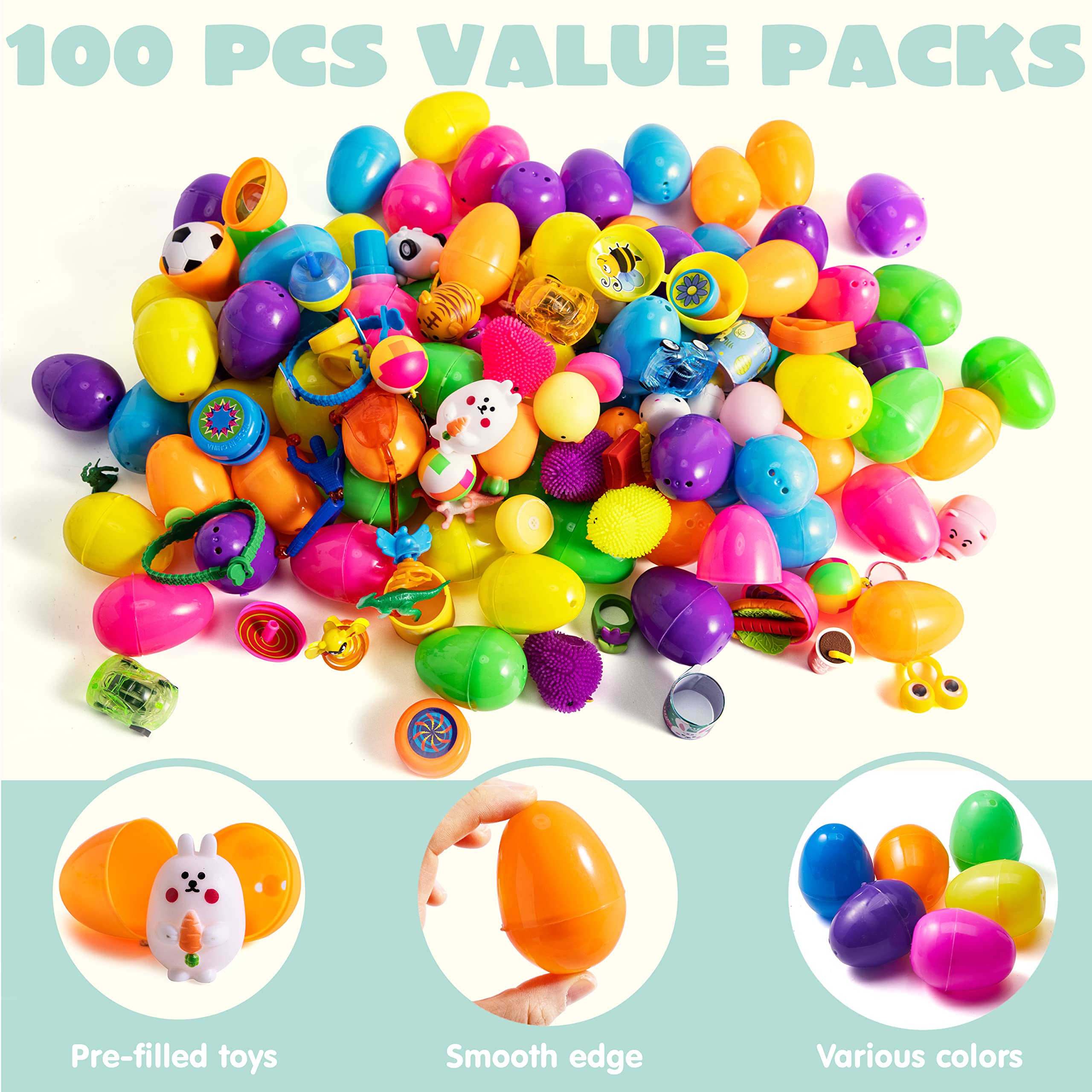 JOYIN 100 PCS Prefilled Easter Eggs with Assorted Toys Plus Stickers Inside, Plastic Eggs for Kids Hunt, Basket Stuffers Fillers, Party Favors, Classroom Prize Supplies