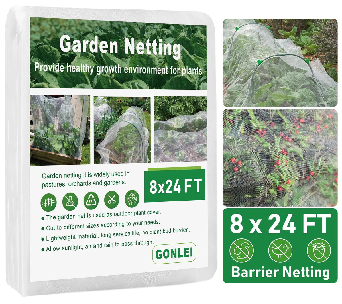 GonLei Garden Netting 8 X 24 FT Garden Mesh Netting Protection Plant Cover Screen Vegetable Row Cover,Cicada Netting for Trees Blueberry Shrubs Fruits Flowers Garden Screen Barrier Net