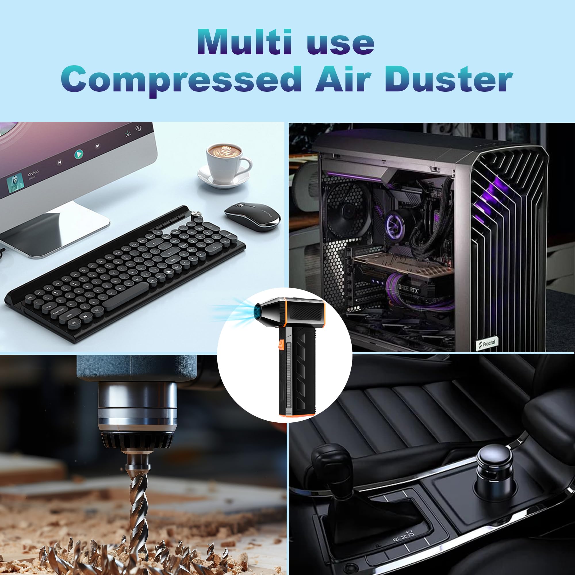 CCV Compressed Air Duster - 130000RPM Electric Air Duster for Cleaning Keyboard&PC 3 Gears Adjustable Rechargeable Cordless Jet Dry Blower Air Blower for Car and Home