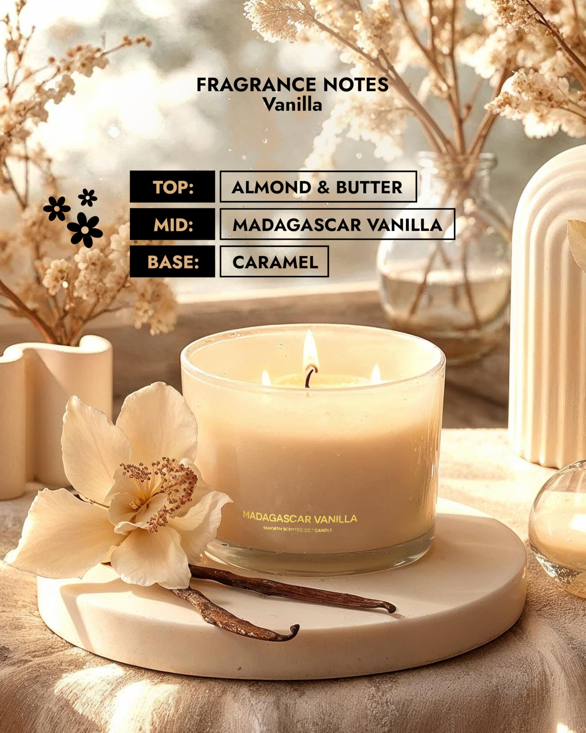 96NORTH Luxury Vanilla Soy Candles | Large 3 Wick Jar Candle | Up to 50 Hours Burning Time | 100% Natural Soy Wax | Relaxing Aromatherapy Aesthetic Candle | Housewarming Gift for Men and Women