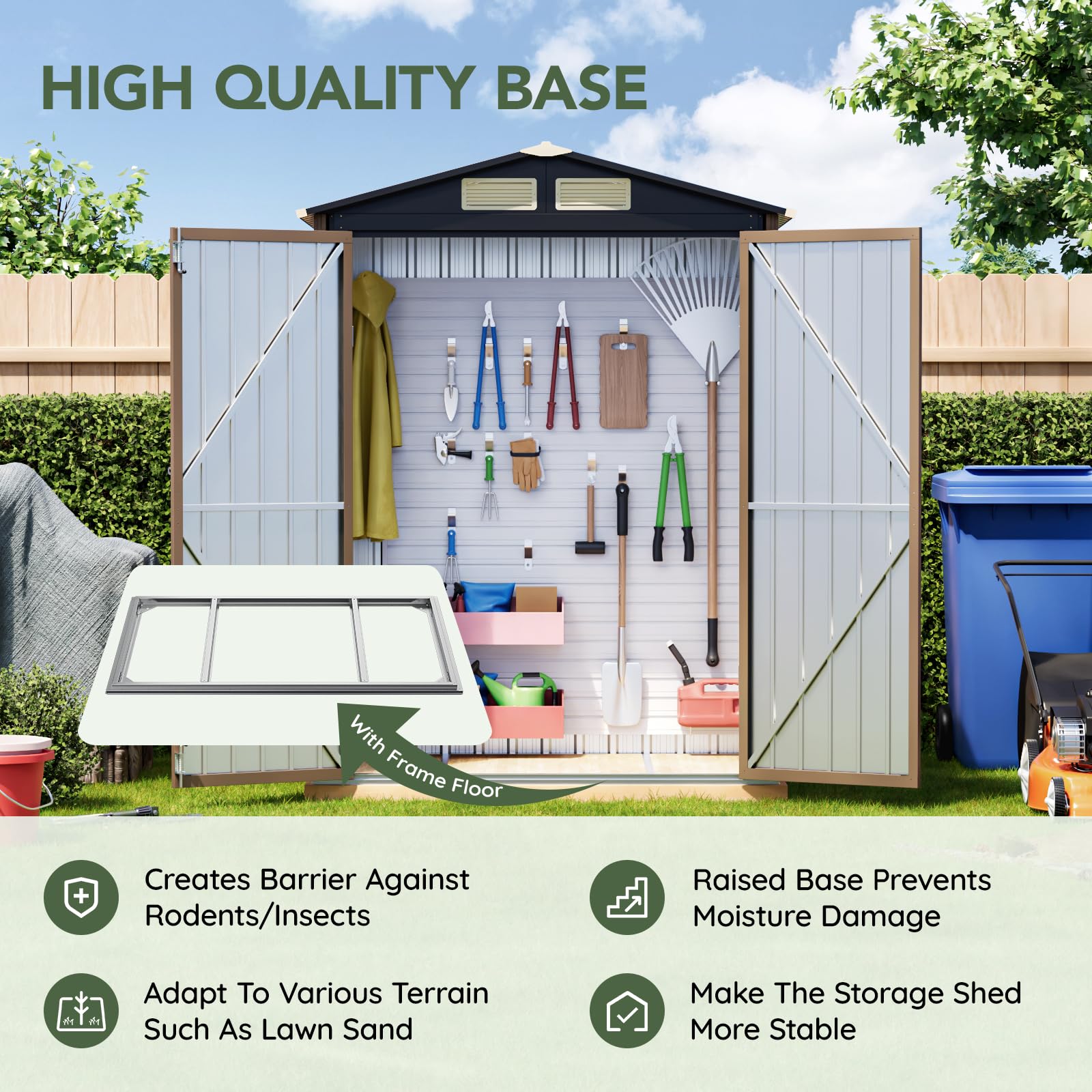 Grovellis 5x3 FT Outdoor Metal Storage Shed with Floor Frame, Double Door, 1 Clear Window, Tool Shed for Garden, Patio, Backyard Brown