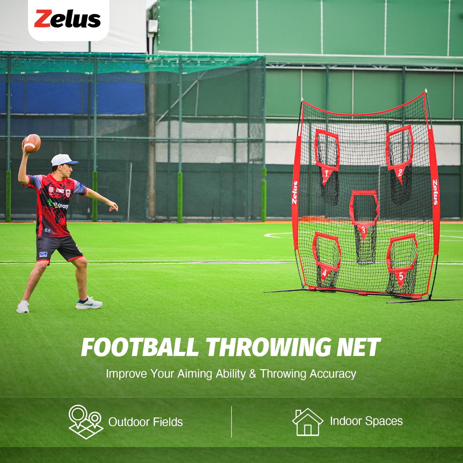 ZELUS 6 x 6ft Football Throwing Net, Quarterback Training Equipment with 5 Target Pockets, Football Practice Throwing Passing Accuracy Trainer with Carry Bag Ground Stakes for Kids Adults, Red