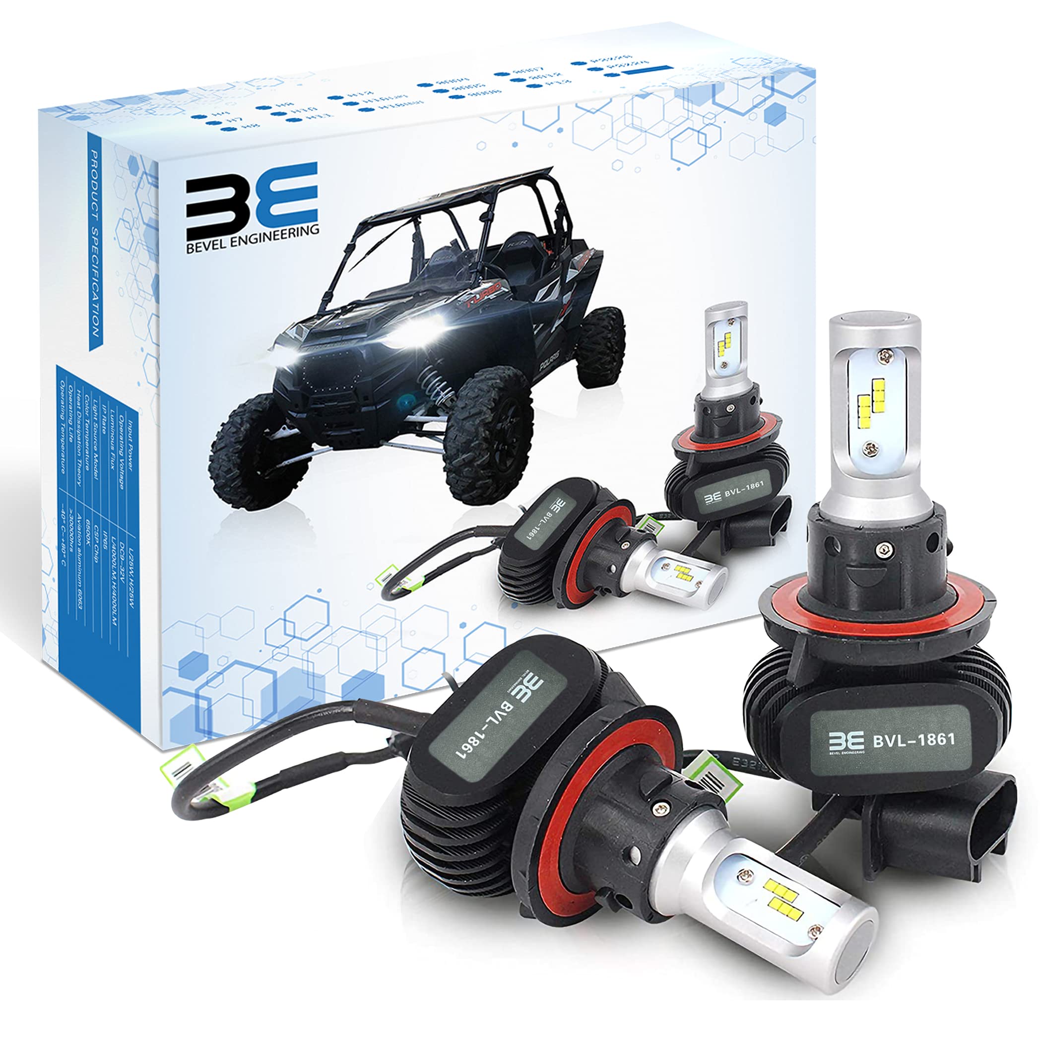 Bevel Engineering Premium LED Upgrade Kit - H13/9008 LED Headlight Kit - Compatible with Polaris - Ranger - RZR General – 2 Pack Low and High Beam Lamp Set – Fan Less 4000LM LED Replacement Bulb Kit